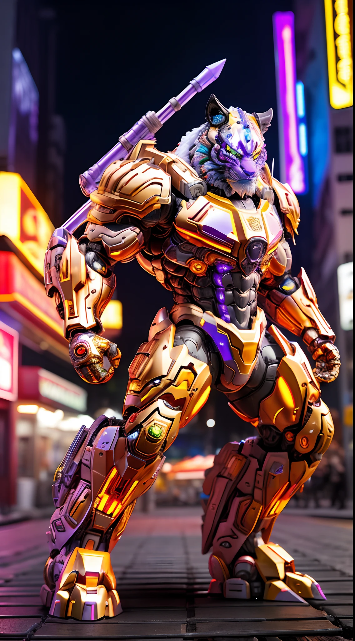 TIGER KING, RAINBOW COLORED, HETEROCHROMIA EYE, MECHA HEAVY ARMOR, TRANSPARANT, MUSCLE BODY.