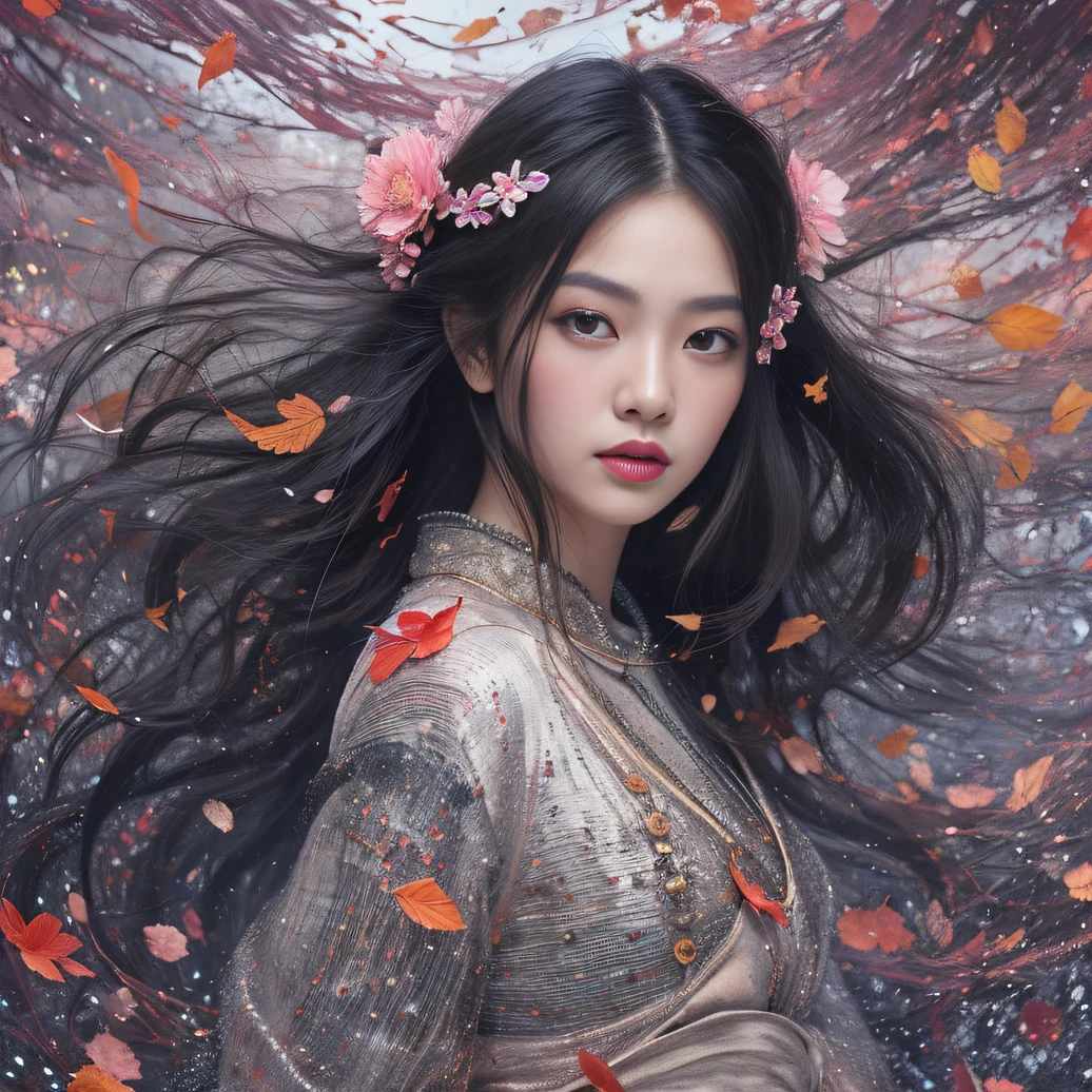 32K（tmasterpiece，k hd，hyper HD，32K）Long flowing black hair，ponds，zydink， a color， Aozhou people （Concubine girl）， （Purple silk scarf）， Combat posture， looking at the ground， long whitr hair， Floating hair， Carp pattern headdress， Chinese long-sleeved clothing， （Abstract gouache splash：1.2）， Pink petal background，Pink and white lotus flowers fly（realisticlying：1.4），Black color hair，Fallen leaves flutter，The background is pure， A high resolution， the detail， RAW photogr， Sharp Re， Nikon D850 Film Stock Photo by Jefferies Lee 4 Kodak Portra 400 Camera F1.6 shots, Rich colors, ultra-realistic vivid textures, Dramatic lighting, Unreal Engine Art Station Trend, cinestir 800，Long flowing black hair，Denim skirt