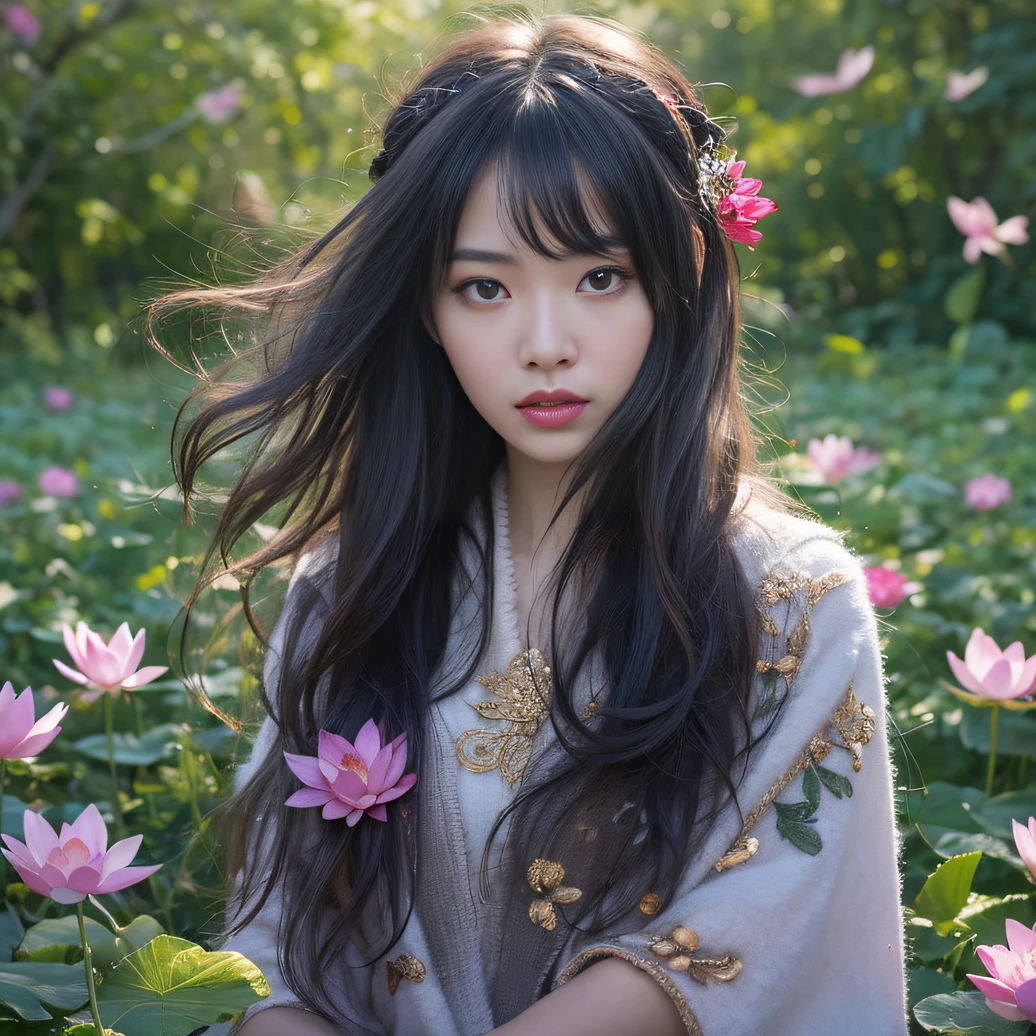 32K(tmasterpiece,k hd,hyper HD,32K)Long flowing black hair,ponds,zydink, a color, Aozhou people (Concubine girl), (Purple silk scarf), Combat posture, looking at the ground, long whitr hair, Floating hair, Carp pattern headdress, Chinese long-sleeved clothing, (Abstract gouache splash:1.2), Pink petal background,Pink and white lotus flowers fly(realisticlying:1.4),Black color hair,Fallen leaves flutter,The background is pure, A high resolution, the detail, RAW photogr, Sharp Re, Nikon D850 Film Stock Photo by Jefferies Lee 4 Kodak Portra 400 Camera F1.6 shots, Rich colors, ultra-realistic vivid textures, Dramatic lighting, Unreal Engine Art Station Trend, cinestir 800,Long flowing black hair,Denim skirt