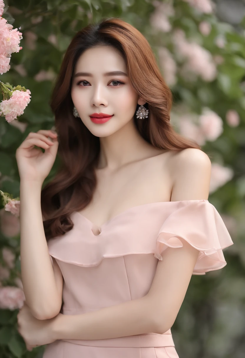 Gentle and beautiful woman, half body photo, Delicate and sexy collarbone, charming oval face, Double eyelids, Smart peach blossom eyes, Pink lips, small nose, Bare shoulders, Focused face, Face Close-up, The ultra -The high-definition, Super Details, elegant standing, Black British College Style Double Breasted Casual Loose Korean Style Small Suit Jacket, Pair with a black pleated skirt suit