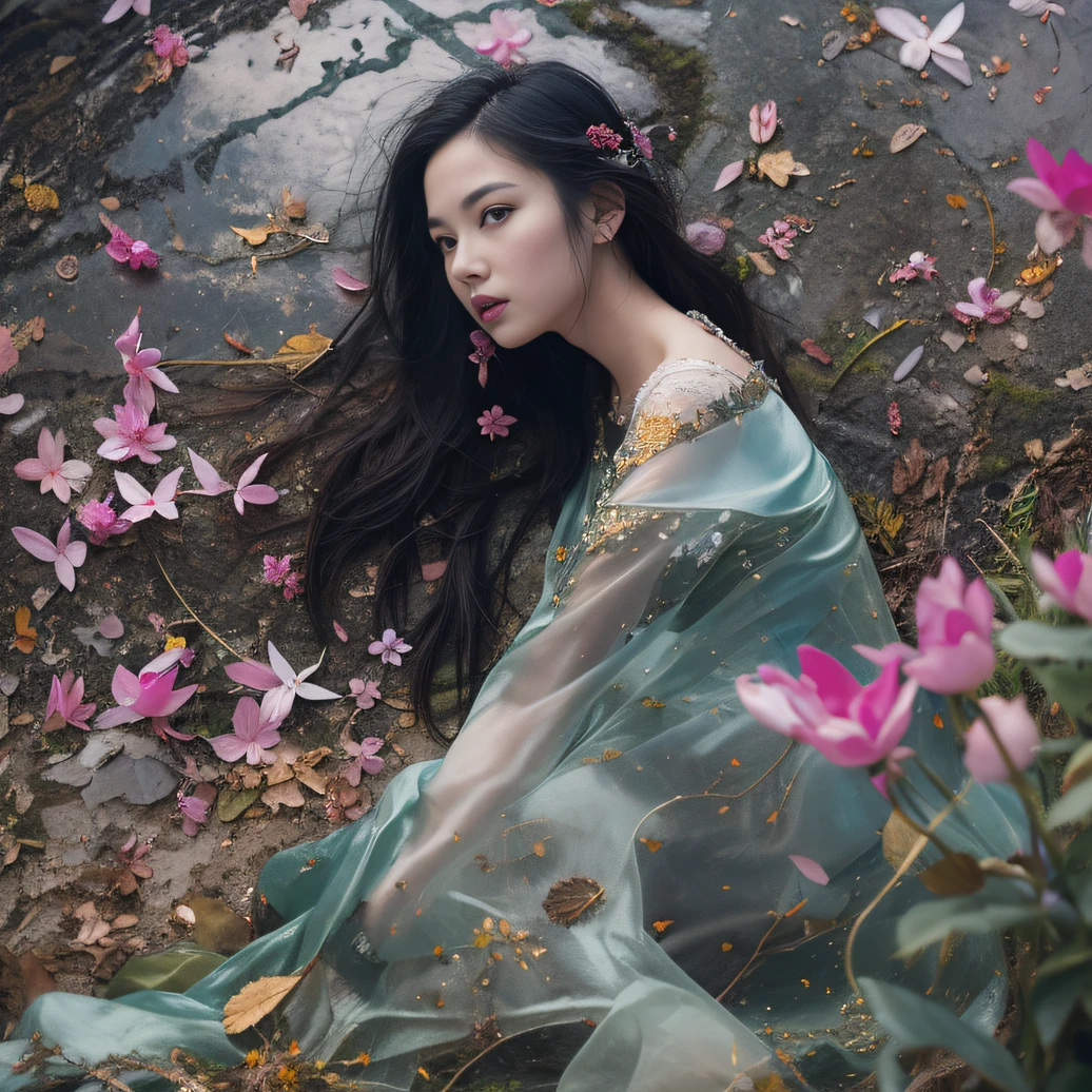 32K（tmasterpiece，k hd，hyper HD，32K）Long flowing black hair，ponds，zydink， a color， Aozhou people （Concubine girl）， （Purple silk scarf）， Combat posture， looking at the ground， long whitr hair， Floating hair， Carp pattern headdress， Chinese long-sleeved clothing， （Abstract gouache splash：1.2）， Pink petal background，Pink and white lotus flowers fly（realisticlying：1.4），Black color hair，Fallen leaves flutter，The background is pure， A high resolution， the detail， RAW photogr， Sharp Re， Nikon D850 Film Stock Photo by Jefferies Lee 4 Kodak Portra 400 Camera F1.6 shots, Rich colors, ultra-realistic vivid textures, Dramatic lighting, Unreal Engine Art Station Trend, cinestir 800，Long flowing black hair，Denim skirt