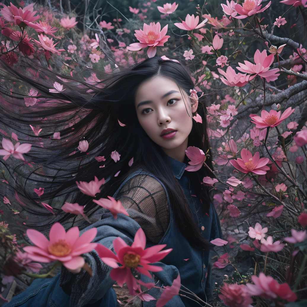 32K(tmasterpiece,k hd,hyper HD,32K)Long flowing black hair,ponds,zydink, a color, Aozhou people (Concubine girl), (Purple silk scarf), Combat posture, looking at the ground, long whitr hair, Floating hair, Carp pattern headdress, Chinese long-sleeved clothing, (Abstract gouache splash:1.2), Pink petal background,Pink and white lotus flowers fly(realisticlying:1.4),Black color hair,Fallen leaves flutter,The background is pure, A high resolution, the detail, RAW photogr, Sharp Re, Nikon D850 Film Stock Photo by Jefferies Lee 4 Kodak Portra 400 Camera F1.6 shots, Rich colors, ultra-realistic vivid textures, Dramatic lighting, Unreal Engine Art Station Trend, cinestir 800,Long flowing black hair,Denim skirt