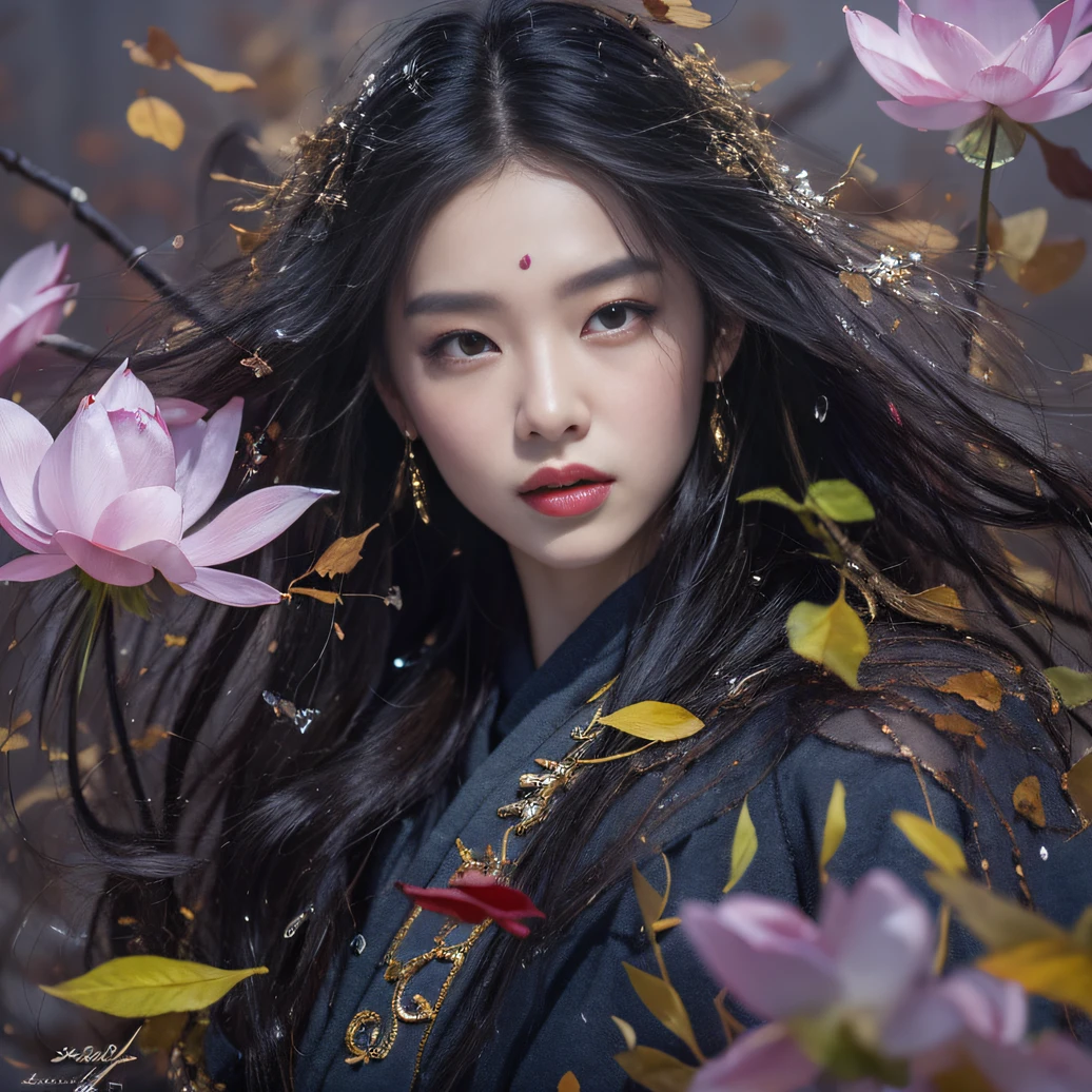 32K（tmasterpiece，k hd，hyper HD，32K）Long flowing black hair，ponds，zydink， a color， Aozhou people （Concubine girl）， （Purple silk scarf）， Combat posture， looking at the ground， long whitr hair， Floating hair， Carp pattern headdress， Chinese long-sleeved clothing， （Abstract gouache splash：1.2）， Pink petal background，Pink and white lotus flowers fly（realisticlying：1.4），Black color hair，Fallen leaves flutter，The background is pure， A high resolution， the detail， RAW photogr， Sharp Re， Nikon D850 Film Stock Photo by Jefferies Lee 4 Kodak Portra 400 Camera F1.6 shots, Rich colors, ultra-realistic vivid textures, Dramatic lighting, Unreal Engine Art Station Trend, cinestir 800，Long flowing black hair，Denim skirt