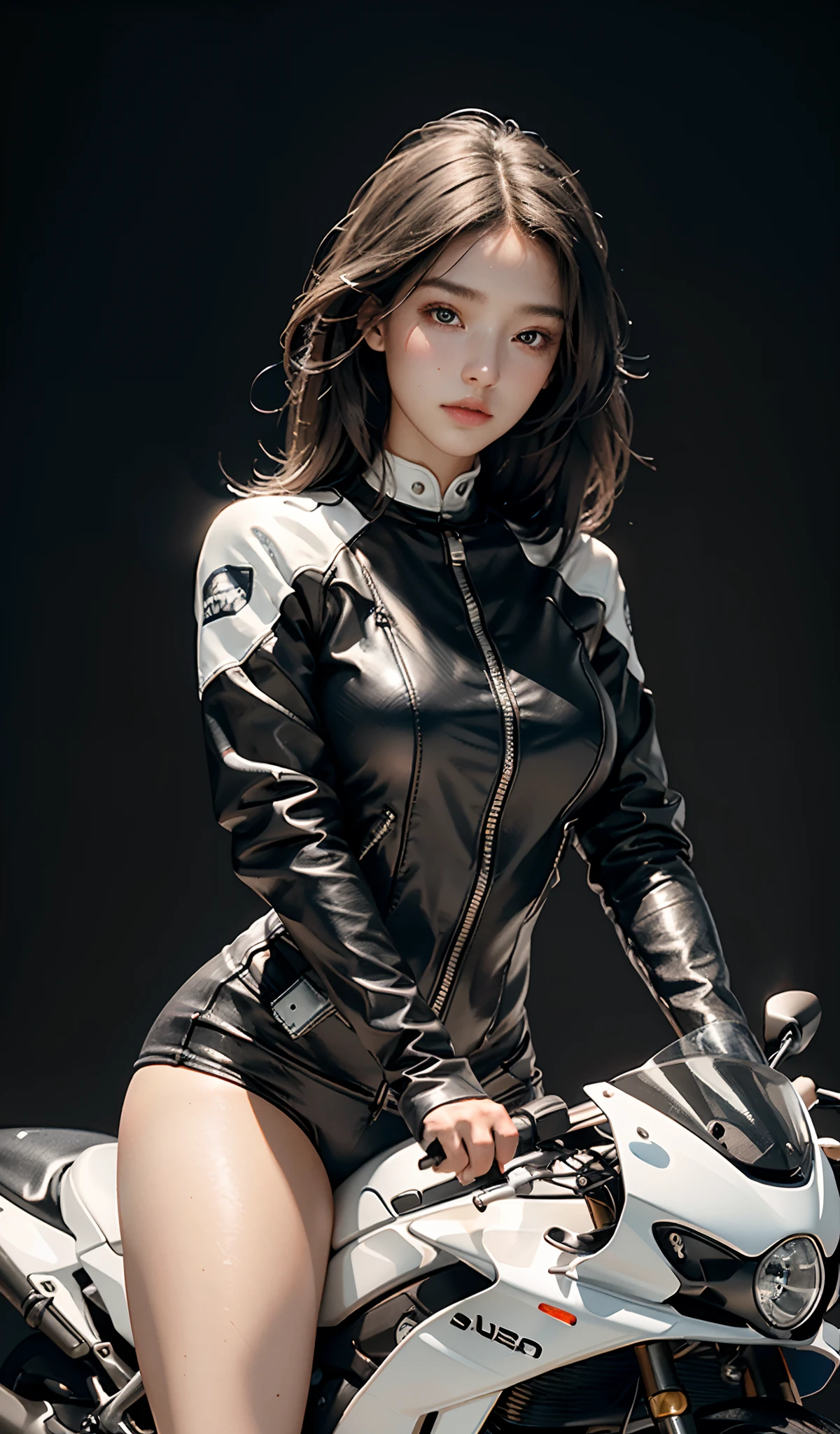 Highest image quality, Outstanding details, Ultra-high resolution, (Realism: 1.4), The best illustration, favor details, highly condensed 1girl, with a delicate and beautiful face, Wear carbon black and white clothing, holding a directional controller, Riding on a motorcycle, the background is a high-tech lighting scene of the city of the future.