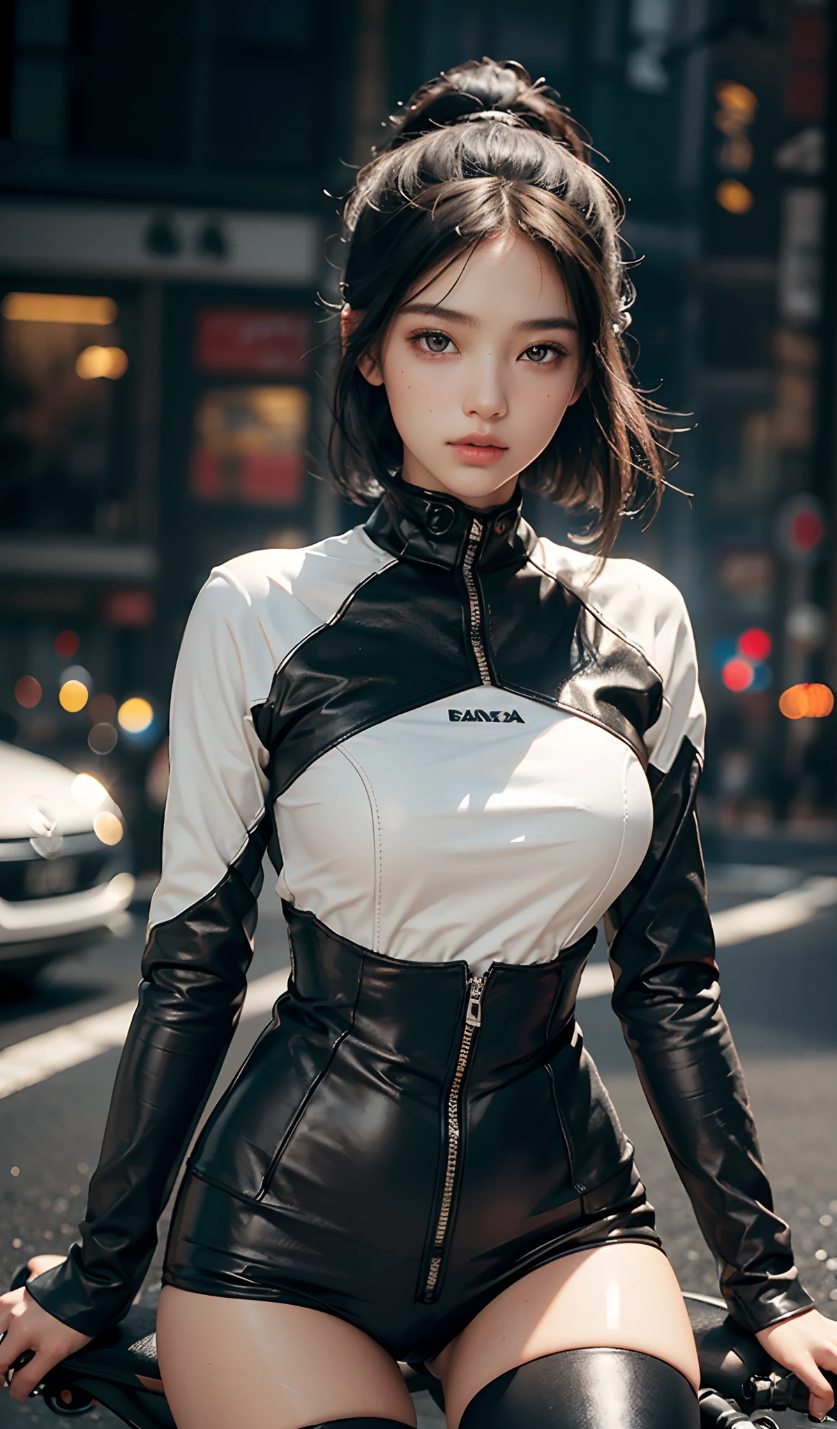 Highest image quality, Outstanding details, Ultra-high resolution, (Realism: 1.4), The best illustration, favor details, highly condensed 1girl, with a delicate and beautiful face, Wear carbon black and white clothing, holding a directional controller, Riding on a motorcycle, the background is a high-tech lighting scene of the city of the future.