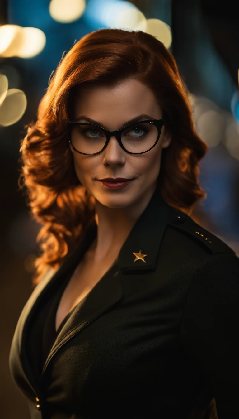 (melhor qualidade,4k,8k,Alto,master part:1.2),ultra-detalhado,(Realistic,fotorrealista,photo-realistic:1.37),Barbara Gordon,Cabelos ruivos bonitos, vestindo uniforme policial,olhos castanhos penetrantes, Beleza Suprema, Gotham City Setting, postura forte e confiante, Determined expression,vivid colors,foco nítido,pintura detalhista,professional lighting,Estilo Retrato, dramatic lighting,Bokeh