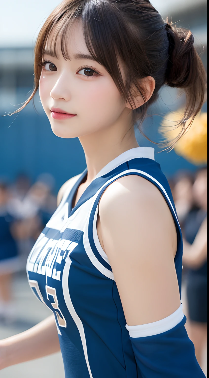 (top-quality,masterpiece:1.3,超A high resolution,),(ultra-detailliert,Caustics),(Photorealsitic:1.4,RAW shooting,)Ultra-realistic capture,A highly detailed,High resolution 16K human skin close-up。 Skin texture is natural、,The pores are、Must be detailed enough to be easy to identify。 Skin should look healthy with even tones。 Use natural light and color,1人,23years old,japanes,kawaii,Light brown,short-cut,爆乳,pony tail hairstyle,wearing a blue cheerleading costume,standing on a baseball field,Worried look,(Looking at the camera),Face Focus,Gaze,Studio Lighting,Shot from the back,Poses with movement that emphasize the buttocks,full body Esbian,To the thighs