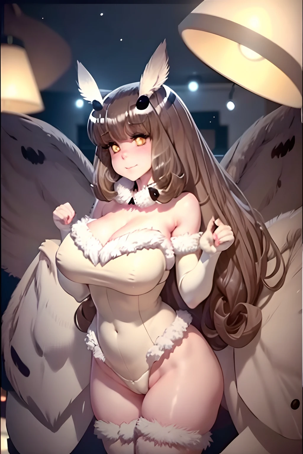 girl, moth girl, moth ears, moth wings, white fur, beautiful, yellow eyes, lamp on the background, thick figure, pretty, inside house, legs spread, insect arms, furry arms, tsundere, pouting face, bratty, alone, solo girl, bratty expression, collar, bright collar, shiny collar