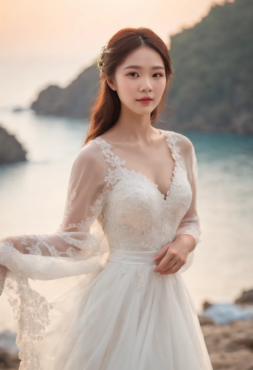 1 beautiful girl,Asian idol, (Realistic:1.3) (full bodyesbian:1.3), standing photo, Stand in front of the blue sea, White wedding dress, Soft dress, Masterpiece, diffused soft lighting, Portrait, Best quality, (Perfect face:1.4), Ultra-realistic Highly detailed, Complex and realistic simulation style photos, Cinematic lighting, studio shoot, Elegant Pose, upper body