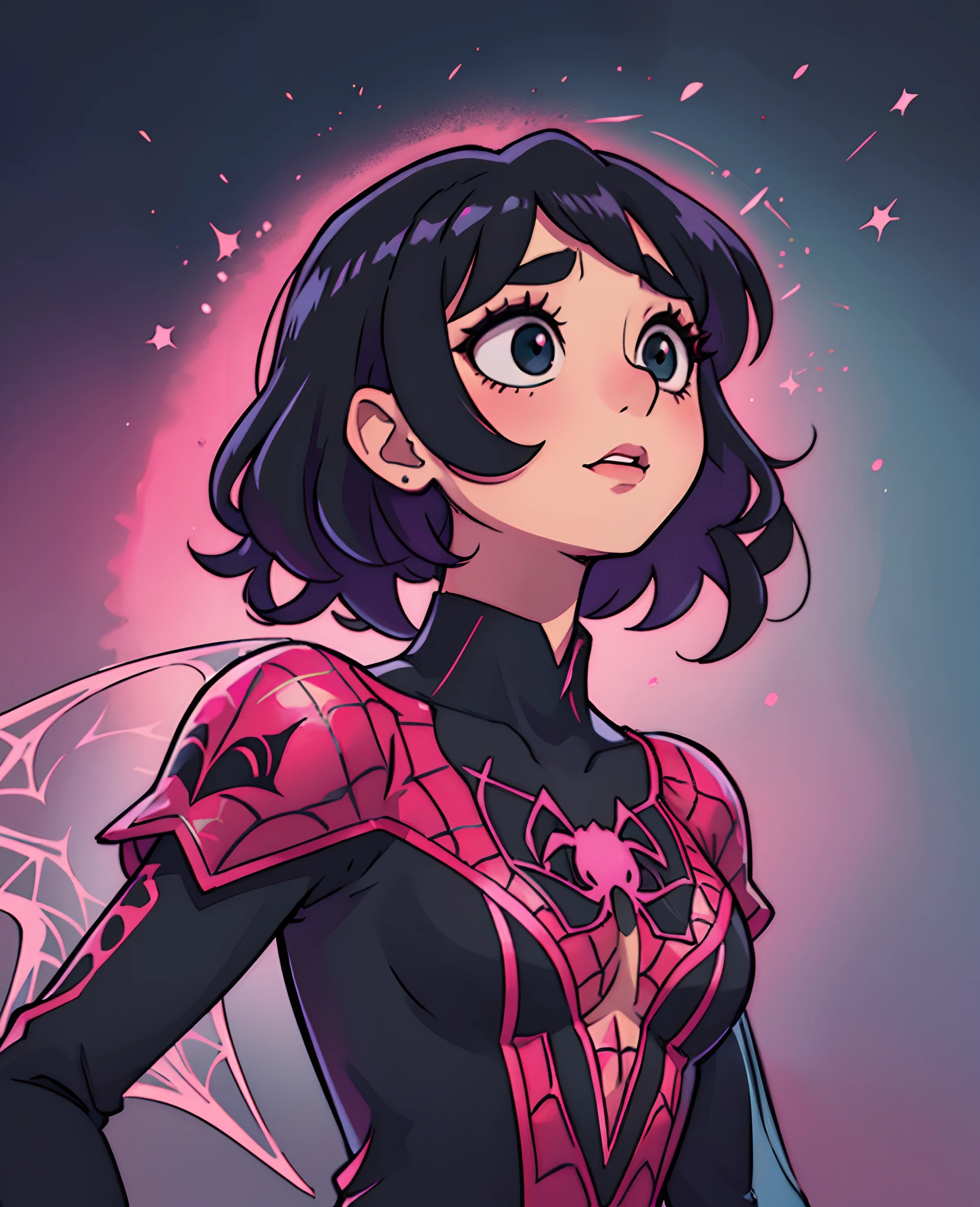 looking up, spider woman, black and pink costume, short black hair, drawn, anime, cartoon --auto --s2