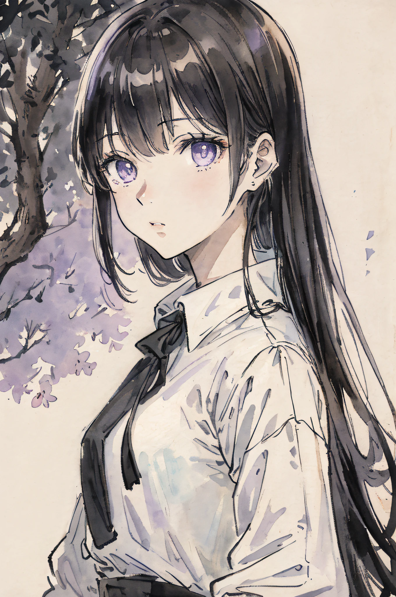 Young woman, shirt with white collar, jeans, long black hair, beautiful forest, masterpiece, highest quality, very delicate and beautiful girl, very delicate and beautiful, super detailed, very detailed, highest quality, purple eyes, high resolution, very detailed, 1girl, highest quality, illustration, looking viewer, impasto, canvas, watercolor, cartoon style, by yoshiyuki sadamoto, yoko taro, watercolor.