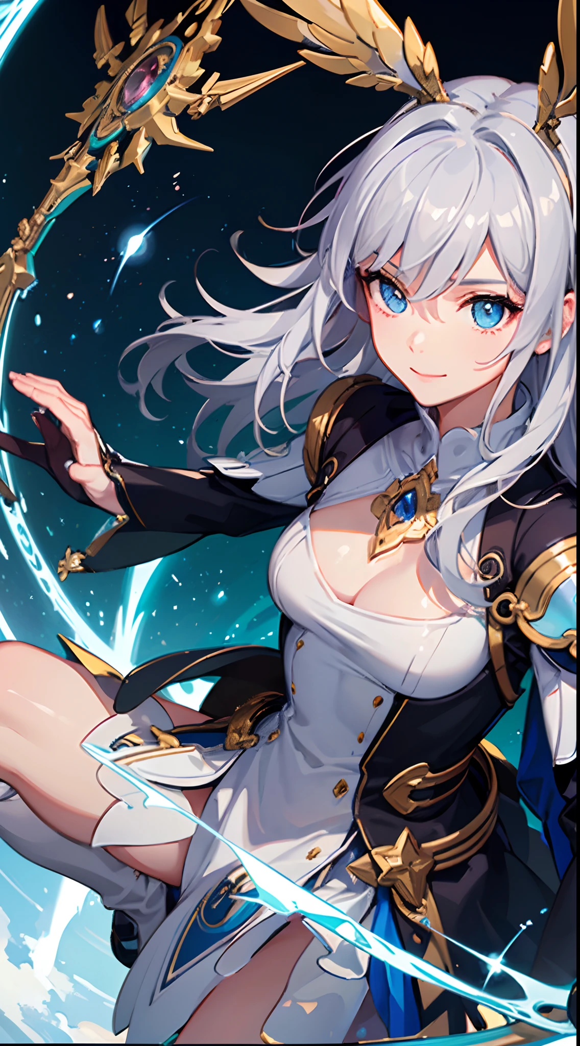 Close up, a silver-haired young girl, with pretty amber eyes, an angelic body, and face, a maiden armor, wield the spear and shield, wearing the cloak and golden sun circlet, blue dawn, and heavenly background scene, a blue magical circle with a diamond star-shaped, wheel wing eyed, brave smile, stable diffusion v5, dynamic, image scale, dream shape, vibrant, realistic face, 8k quality, upscale.
