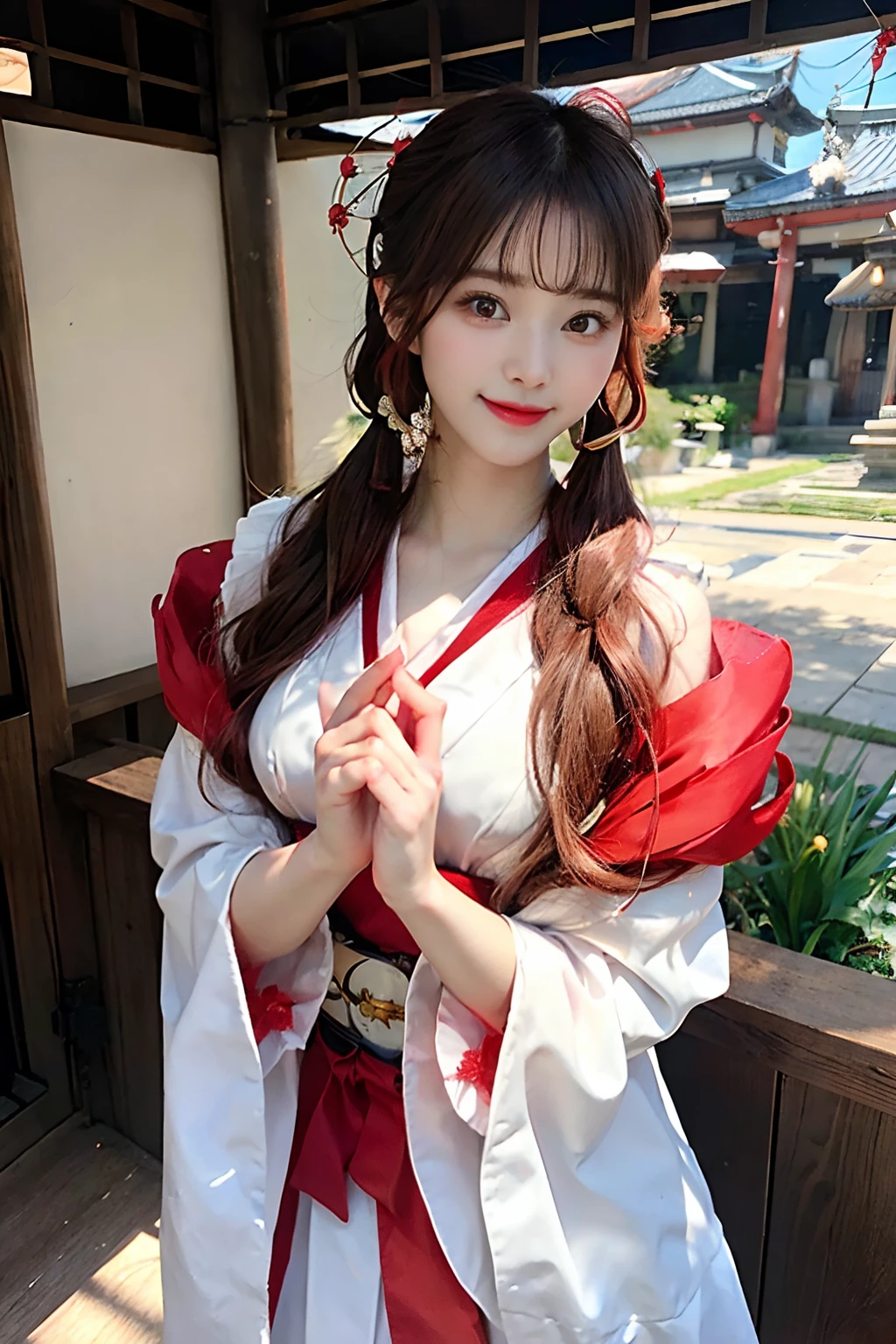 (masterpiece、top-quality、ultra-detailliert、rays of sunshine、电影灯光)、(Japan Anime Cosplay、)、(Famous idol girls of Japan、)、(goddess of Japan、shrine maiden、white miko costume、Red Hakama、)、(dishevled hair、short hair of red-brown color、poneyTail、Cherry Blossom Hair Ornament、hair pin、)、eye glasses、Holding a bamboo broom、Look at viewers、A beautiful face that captivates the viewer、(Background of the precincts、)、Stand on the ground of pebbles、Floating hair、bending forward、large full breasts、Beautiful breast slip、Shiny skin、the wind、beautifull hands、Beautiful Finger、An elaborate masterpiece、Intricate details、A detailed face、detailed hairs、Detailed red mouth、Detailed red cheeks、Smile of shame、
