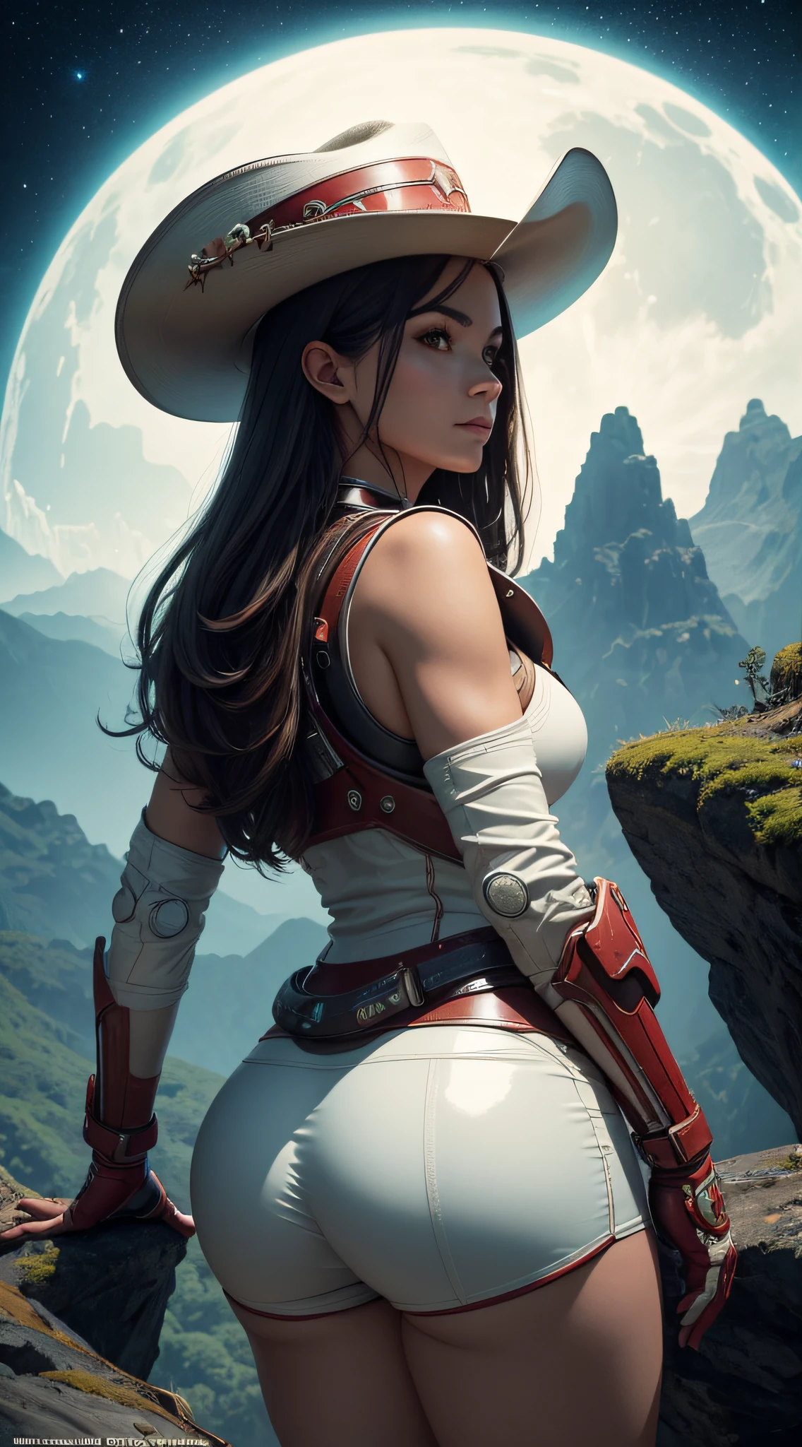 Masterpiece, analog style, bldrnrst, (35mmstyle:1), film-like, rear angle photo of (effortlessly beautiful [cyborg|woman] space outlaw, wearing white latex booty shorts and [Cyberpunk|Dieselpunk] red vest armor, accentuated booty), ((cowboy hat)), (perfect face:1.2), looking back at viewer, (detailed skin), realistic skin texture, [[imperfect skin]], fine details, BREAK
(standing on brink of tall mountain with grand and imposing tropical rainforest on alien planet in the background), (sci-fi), (mountains:1.1), lush green vegetation, vivid details, beautiful colors, [ambient light], (two moons and majestic galaxy in the night sky above in background), [fantasy|scifi]_(setting), BREAK
(lens flare:0.7), (bloom 0.6), particle effects, beautiful cinematic light, shallow depth of field, photographed on a Hasselblad X1D II 50c, 90mm f/2.8 cine lens, sharp focus, cinestill 800T, (highly detailed, intricately detailed), HDR, 8k, cinematic film still from [gravity|westworld], from behind, big ass