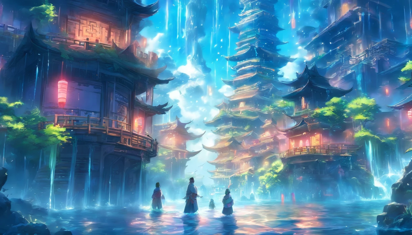24th century,The underwater city of the future,fansty world,highly detailed surreal vfx,China ink painting,water ink,ink,Smudge,downpours,Get wet,water,Jets of water surround you,Gravity-resistant water column,Spiral,China-style,中景 the scene is,super-fine,ultra - detailed,high qulity,8K ,Sharply focus the eyes,中景 the scene is,Full body like,oc rendered