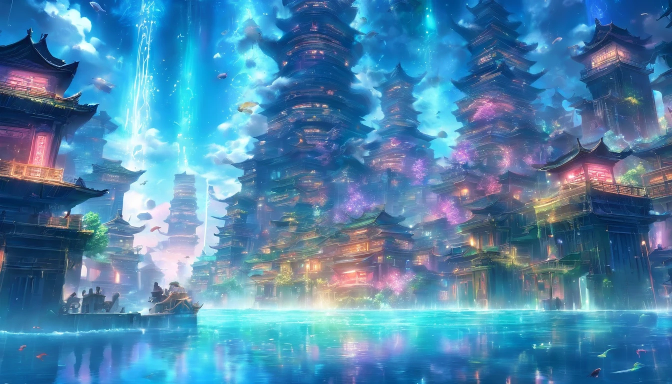 24th century，The underwater city of the future，fansty world，highly detailed surreal vfx，China ink painting，water ink，ink，Smudge，downpours，Get wet，water，Jets of water surround you，Gravity-resistant water column，Spiral，China-style，中景 the scene is，super-fine，ultra - detailed，high qulity，8K ，Sharply focus the eyes，中景 the scene is，Full body like，oc rendered