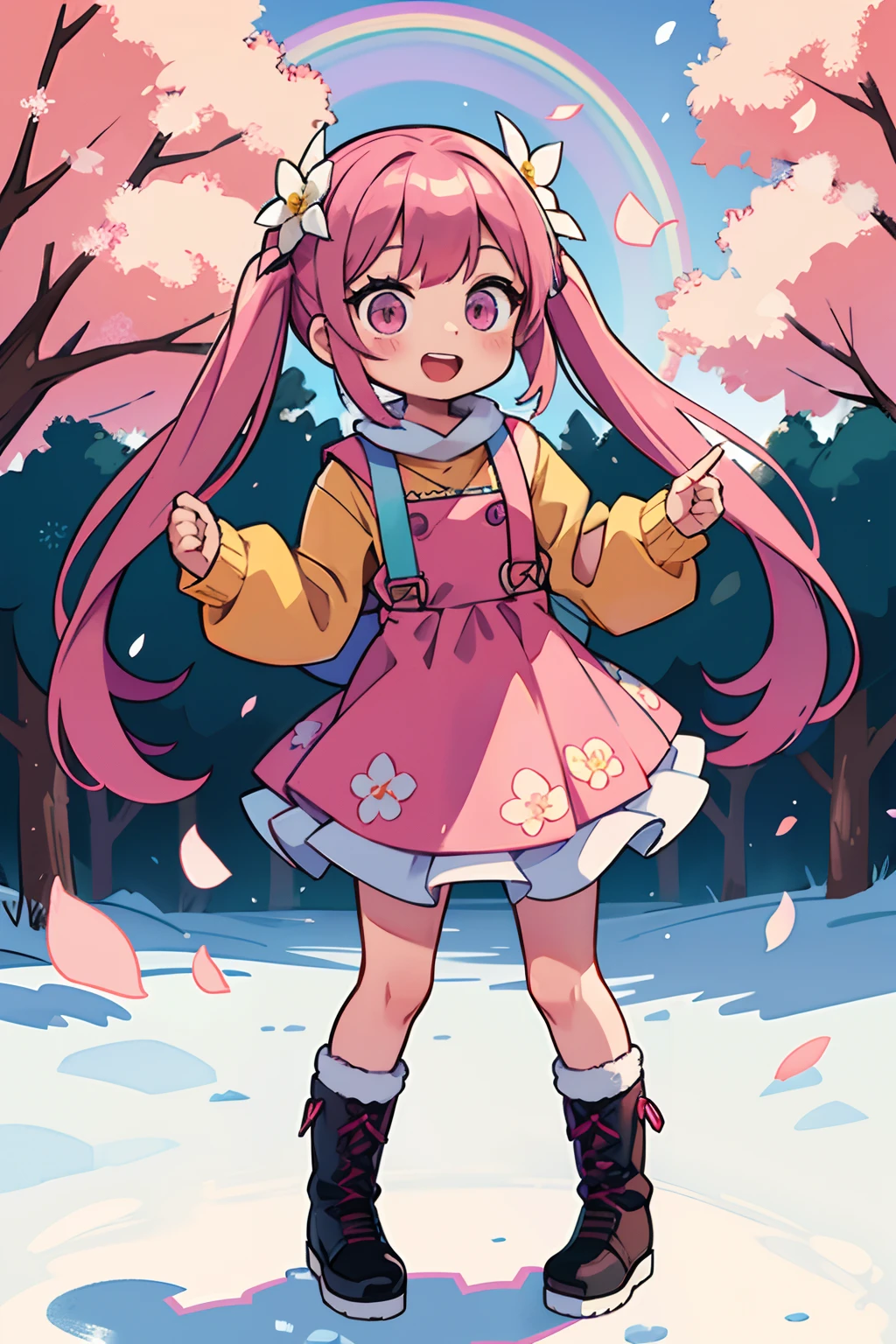 Stand in front of the photo、1girl in,Full body,a short bob, But long pigtails, rainbow color Hair,long boots,Open mouth and big smile、kawaii pose、Flowing iridescent silk、tights、up of face、Eye Up、Colorcon with heart pattern、Floral dress、There are flowers even in front of you、flower petals、snowscape、season!!: Winters☀ 🍂