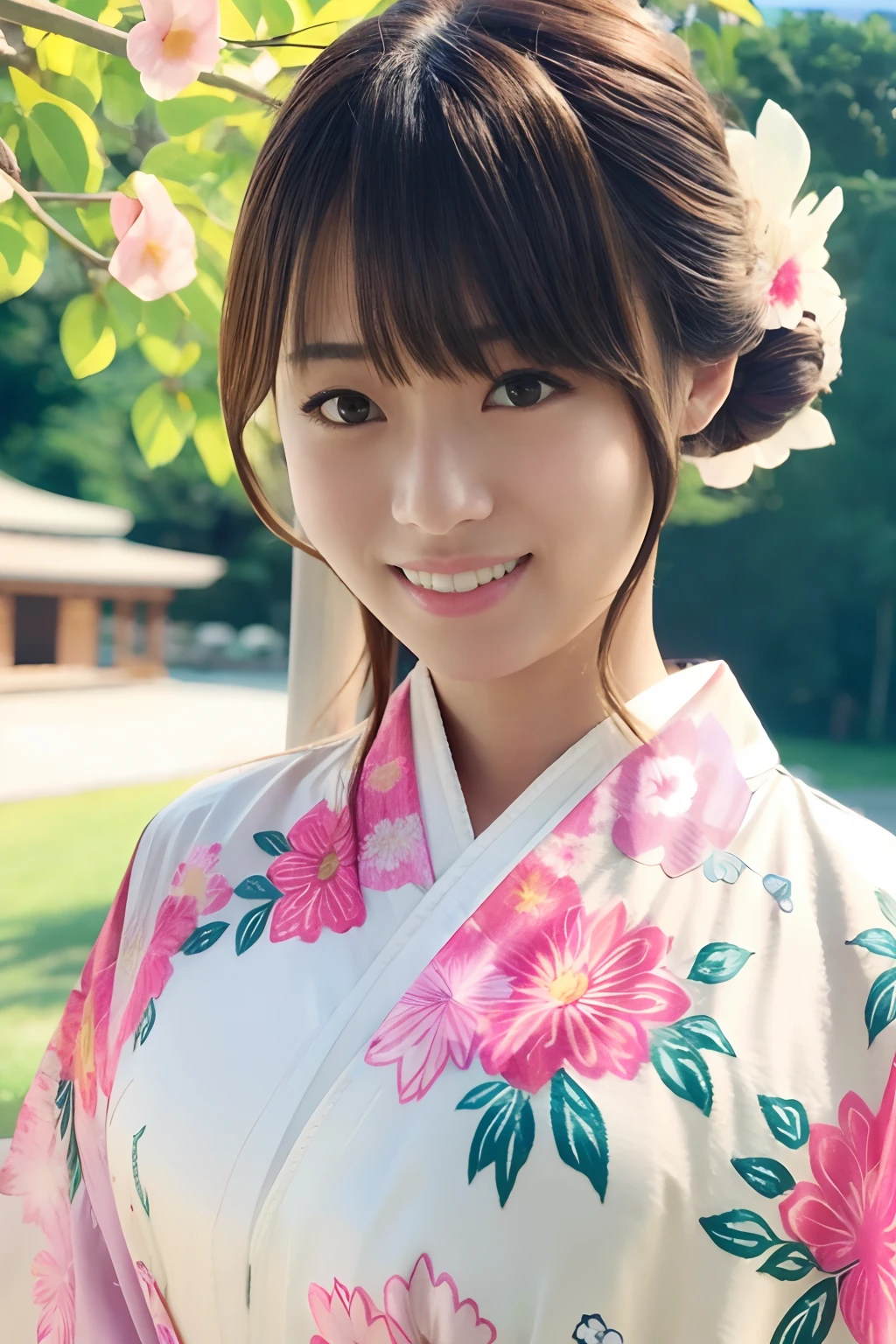 20 year old girl、Drill Hair、Yukata、Kimono、Viola、A smile、Beautuful Women、((top-quality、8K、​masterpiece：1.3))、foco nítido：1.2、An ultra-high picture quality、top-quality、​masterpiece、natural soft light、The upper part of the body、the setting sun、