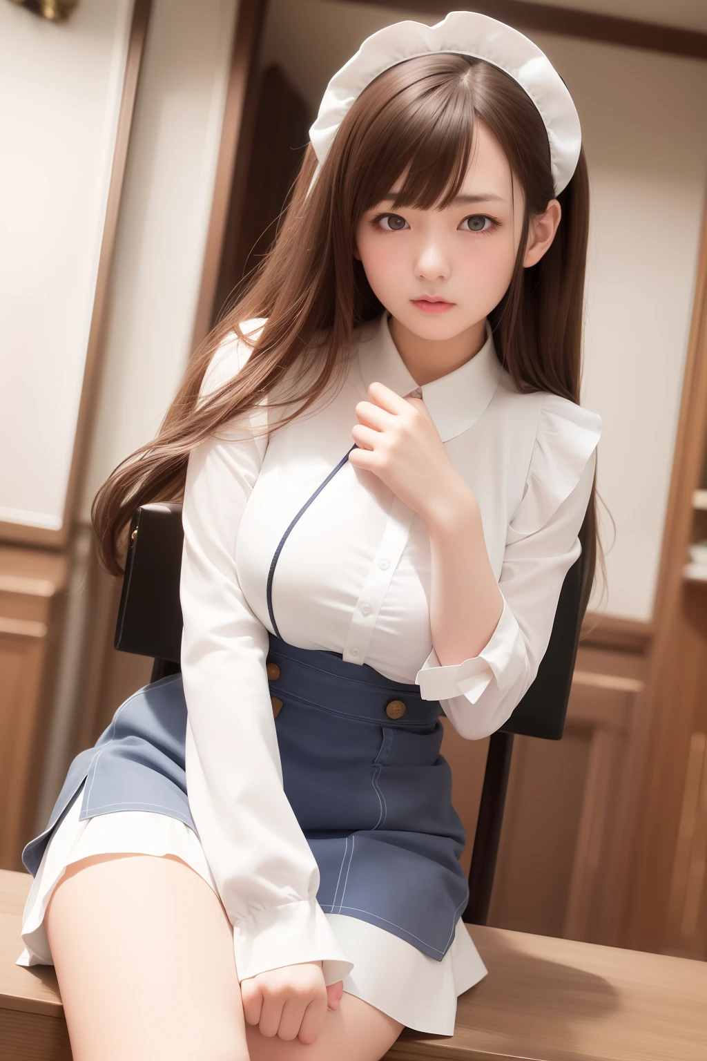 top-quality、Use this face、masterpiece、(Realism:1.2)、 1 人、brown haired、Blue eyes、frontage、A detailed face、beautidful eyes、maid clothes、Maids、fully body photo、a miniskirt