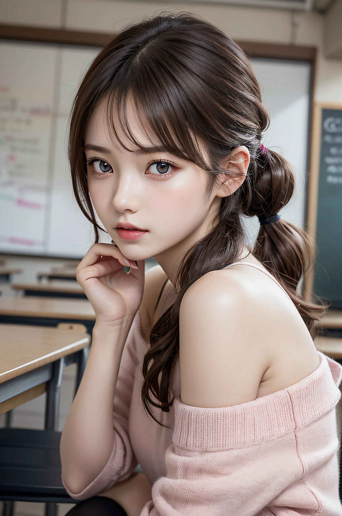 ((1girl in)), ((Best Quality)), (Ultra-detailed), (extremely detailed CG unified 8k wallpaper), Highly detailed, High-definition raw color photos, Professional Photography, (Twintails), Brown hair, Amazing face and eyes, Pink eyes, (amazingly beautiful girl), School, classroom, off shoulder,