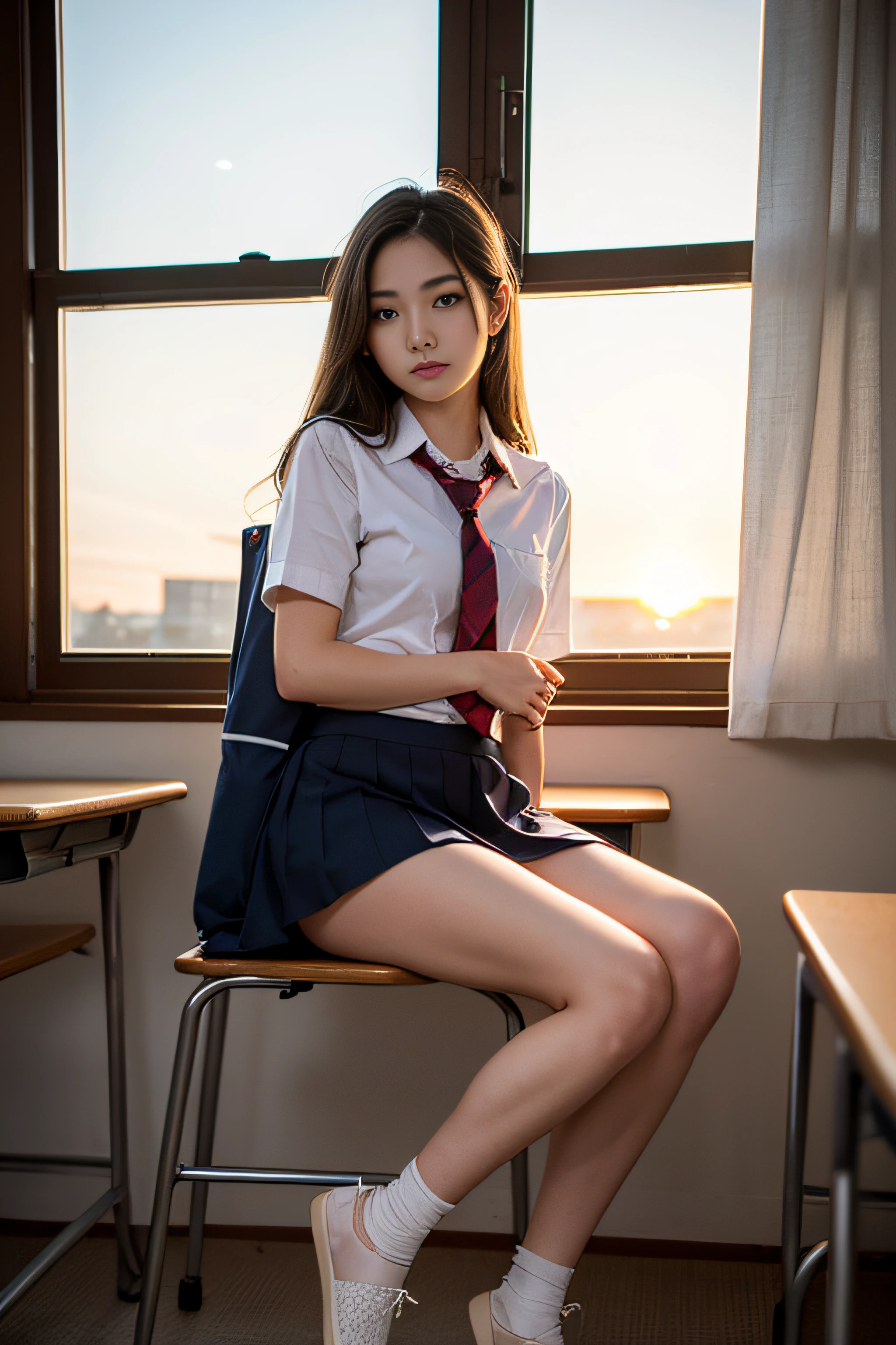 1girl in、(Super beautiful)、(beauitful face:1.3)、(Clear pubic contours)，(spreads her legs)、(tie up with rope:1.4)、Classroom chairs、high-school uniform、Dark blue pleated skirt、(white  panties)、(At SFW:1.1)