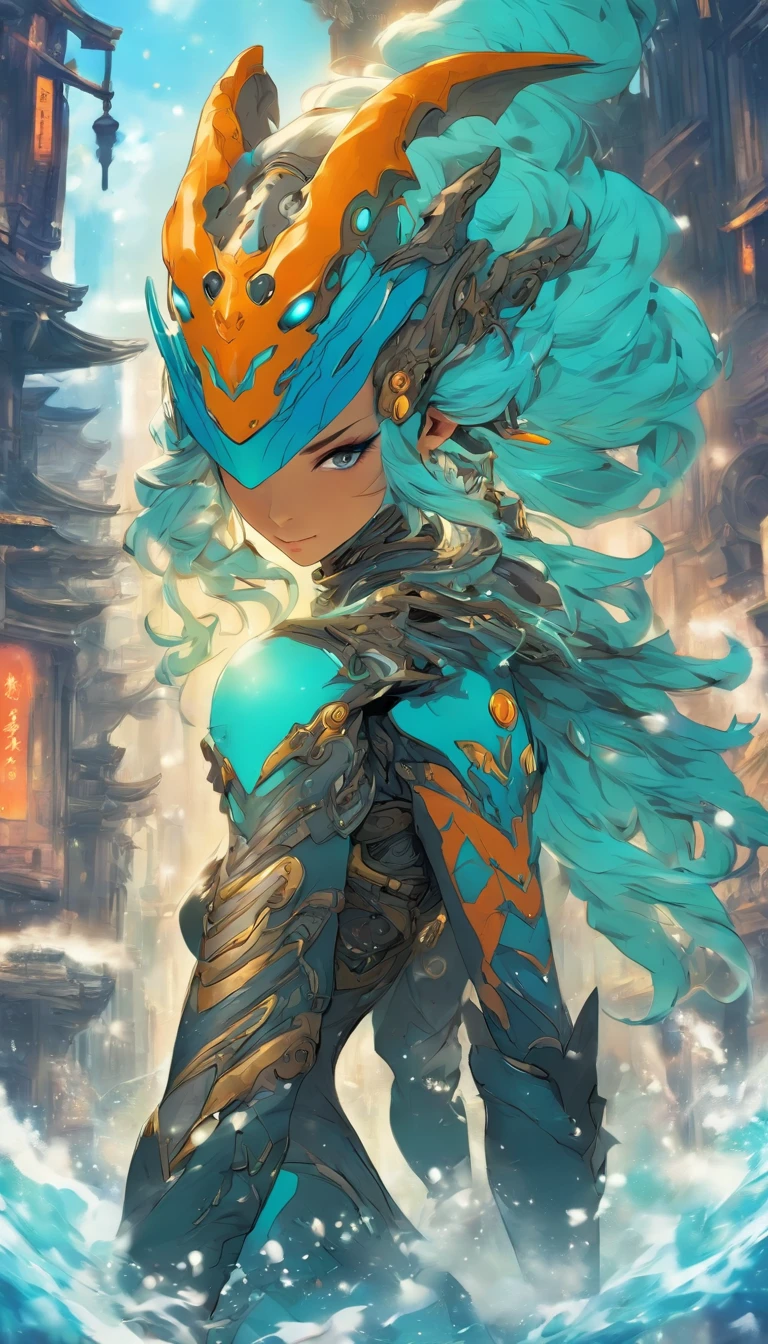 Chinese ink style,Steampunk world,Tiger-shaped steampunk warframe girl,Jet steam is suspended in the city air,Ink animation art,Ink comic art,water ink,ink,Smudge,8K,Delicately portrayed,Works of masters,Black and white tones