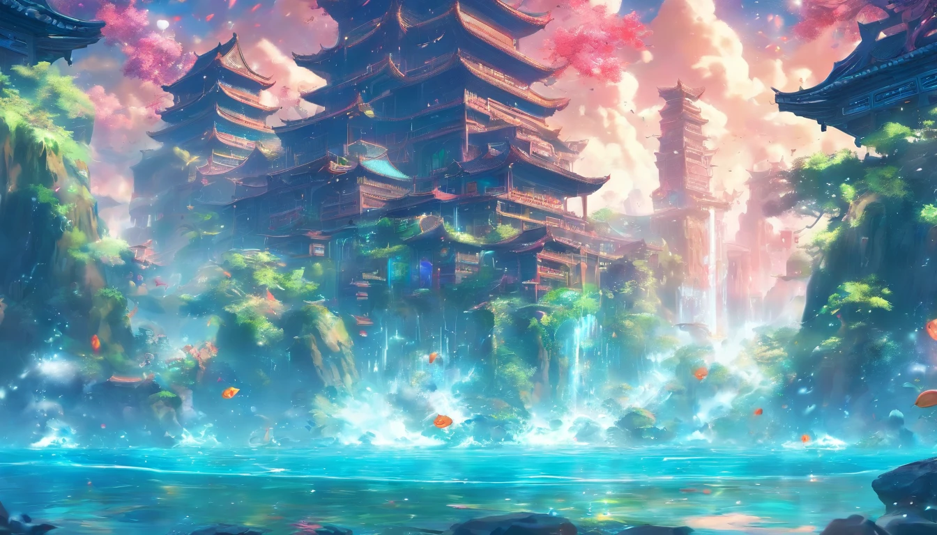 Ultra-wide-angle picture,24th century,The underwater city of the future,fansty world,highly detailed surreal vfx,China ink painting,water ink,ink,Smudge,downpours,Get wet,water,Jets of water surround you,Gravity-resistant water column,Spiral,China-style,Faraway view,super-fine,ultra - detailed,high qulity,8K ,oc rendered,dynamic viewing angle