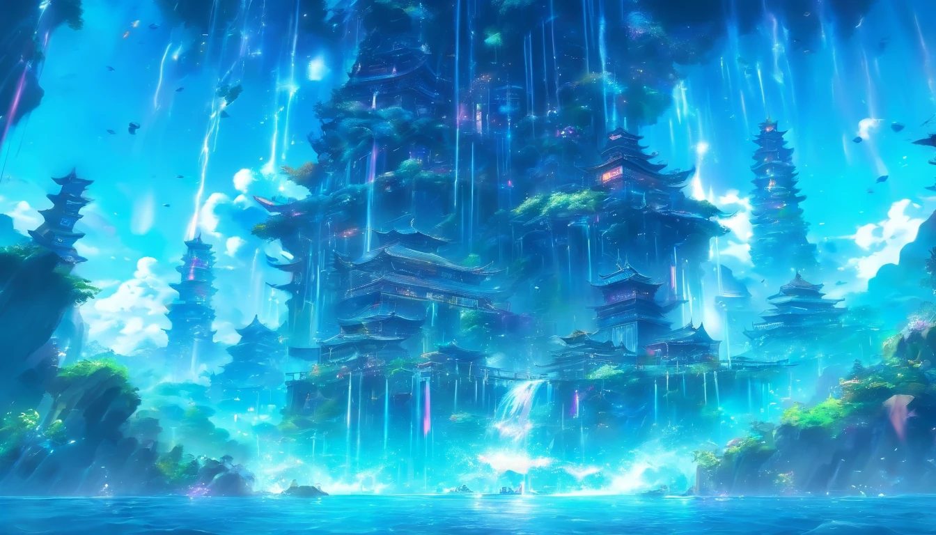 Ultra-wide-angle picture,24th century,The underwater city of the future,fansty world,highly detailed surreal vfx,China ink painting,water ink,ink,Smudge,downpours,Get wet,water,Jets of water surround you,Gravity-resistant water column,Spiral,China-style,Faraway view,super-fine,ultra - detailed,high qulity,8K ,oc rendered,dynamic viewing angle