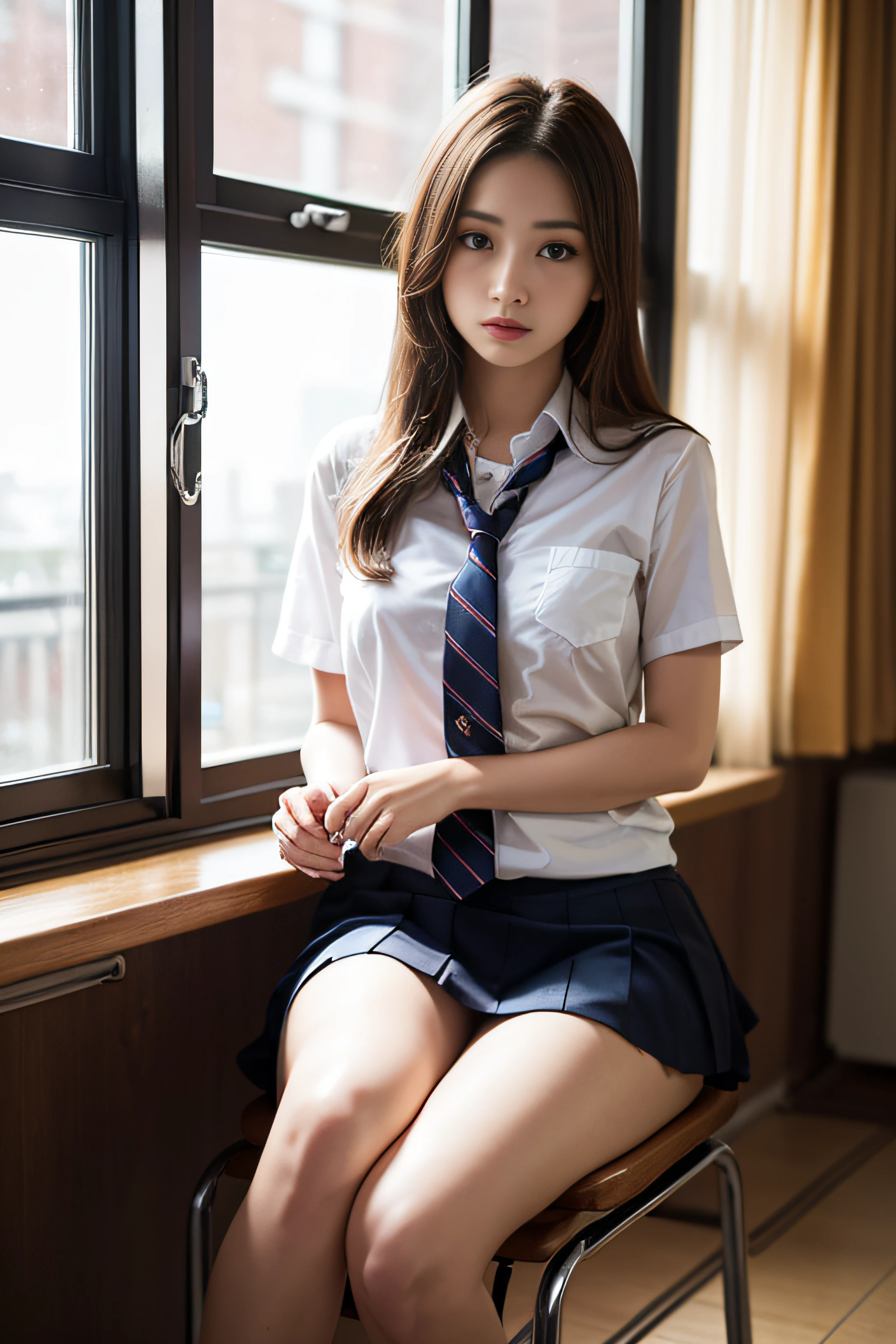 Highly detailed CG Unity 8K wallpaper、highest quality、super detailed、masterpiece、realistic、Photoreal、Highly detailed cute girl、18-year-old、(High school students wearing Japanese uniforms)、((Shooting from the front:1.4))、((dark blue bow tie:1.4))、((Sitting on a wooden chest:1.4))、blush、split lips、looking at the viewer、semi body shot、(A room in a love hotel)、(Japan High and designated shoes)、(Navy blue short pleated skirt lift:1.5)、(Short-sleeved white shirt for students)、 (dark blue bow tie:1.2)、(Light brown long hair)、(beautiful face:1.3)、(perfect proportions:1.2)、(long legs:1.2)、(small breasts:1.3)、((white panties:1.4))、((Blouse wet in the rain、The brush is see-through))、(Bra is transparent)、(((wet hair、wet skin)))、((Upper body))、((rain outside the window:1.4))、