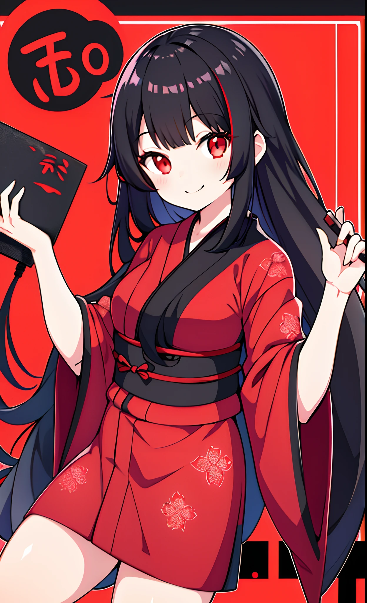Black hair, red eyes, kizi, female, yukata, smiling,18, one girl
