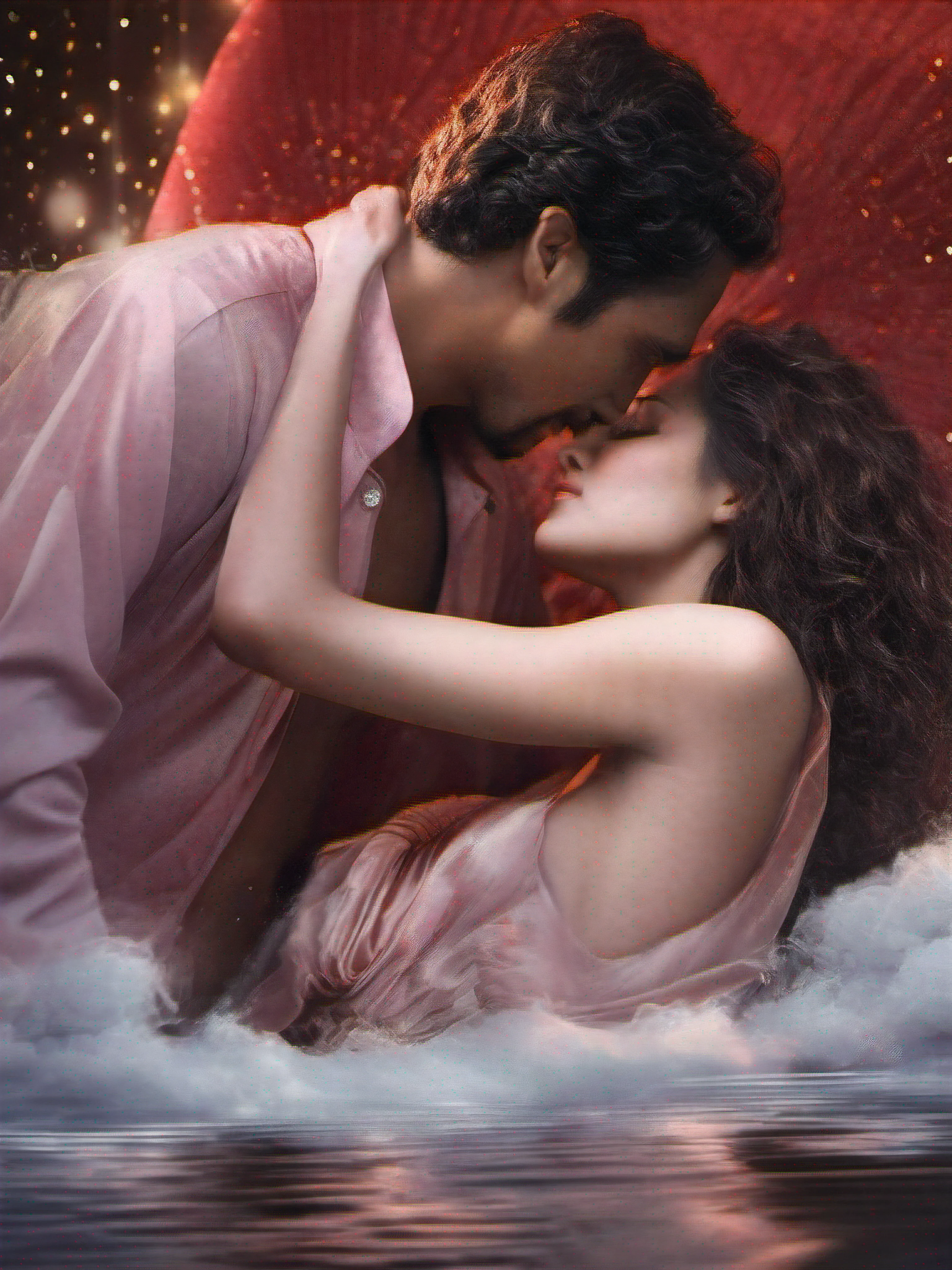 Man taking off the woman's clothes and kissing her shoulders as she throws her head back with her eyes closed., melhor qualidade, filme ainda, 1mulher,cabelos longos brancos, Vestido transparente, renda longo, e 1homem com kimono, cabelo comprido preto, ,pele branca, amor, beijando-se, quarto vermelho, na cama, Close-up, brilhante, sensual, romantico, Dark warm lighting, vermelho, skywith moonlight and reflection in the water, (Sparks: 0,7) , ((beijo))