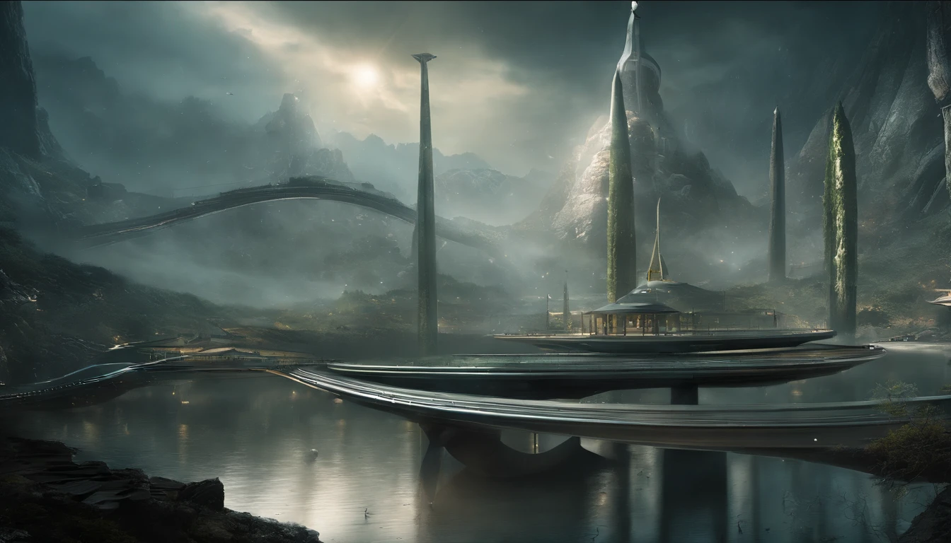 Ultra-wide-angle picture，24th century，The underwater city of the future，fansty world，highly detailed surreal vfx，China ink painting，water ink，ink，Smudge，downpours，Get wet，water，Jets of water surround you，Gravity-resistant water column，Spiral，China-style，Faraway view，super-fine，ultra - detailed，high qulity，8K ，oc rendered，dynamic viewing angle