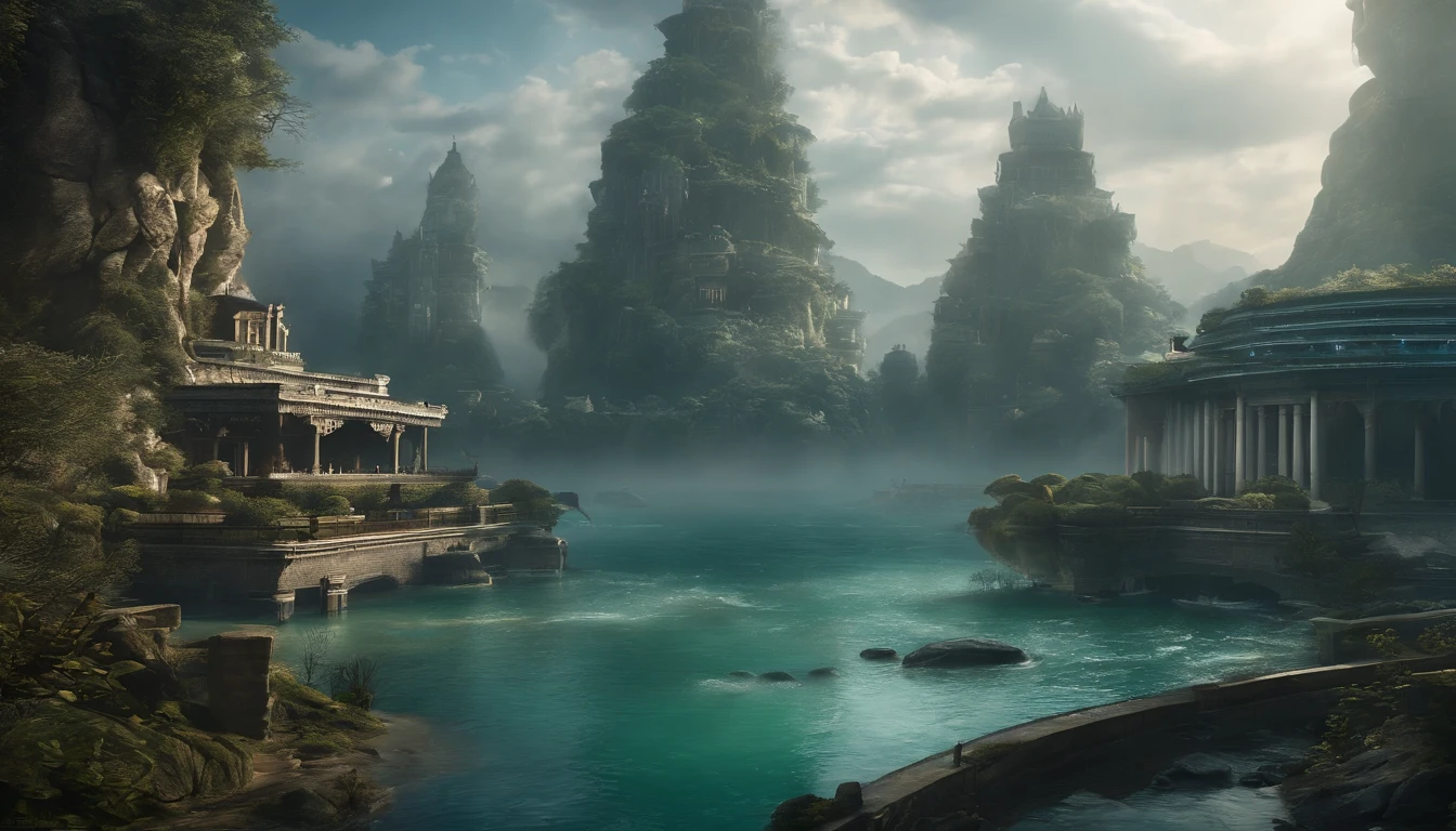 Ultra-wide-angle picture,24th century,The underwater city of the future,fansty world,highly detailed surreal vfx,China ink painting,water ink,ink,Smudge,downpours,Get wet,water,Jets of water surround you,Gravity-resistant water column,Spiral,China-style,Faraway view,super-fine,ultra - detailed,high qulity,8K ,oc rendered,dynamic viewing angle