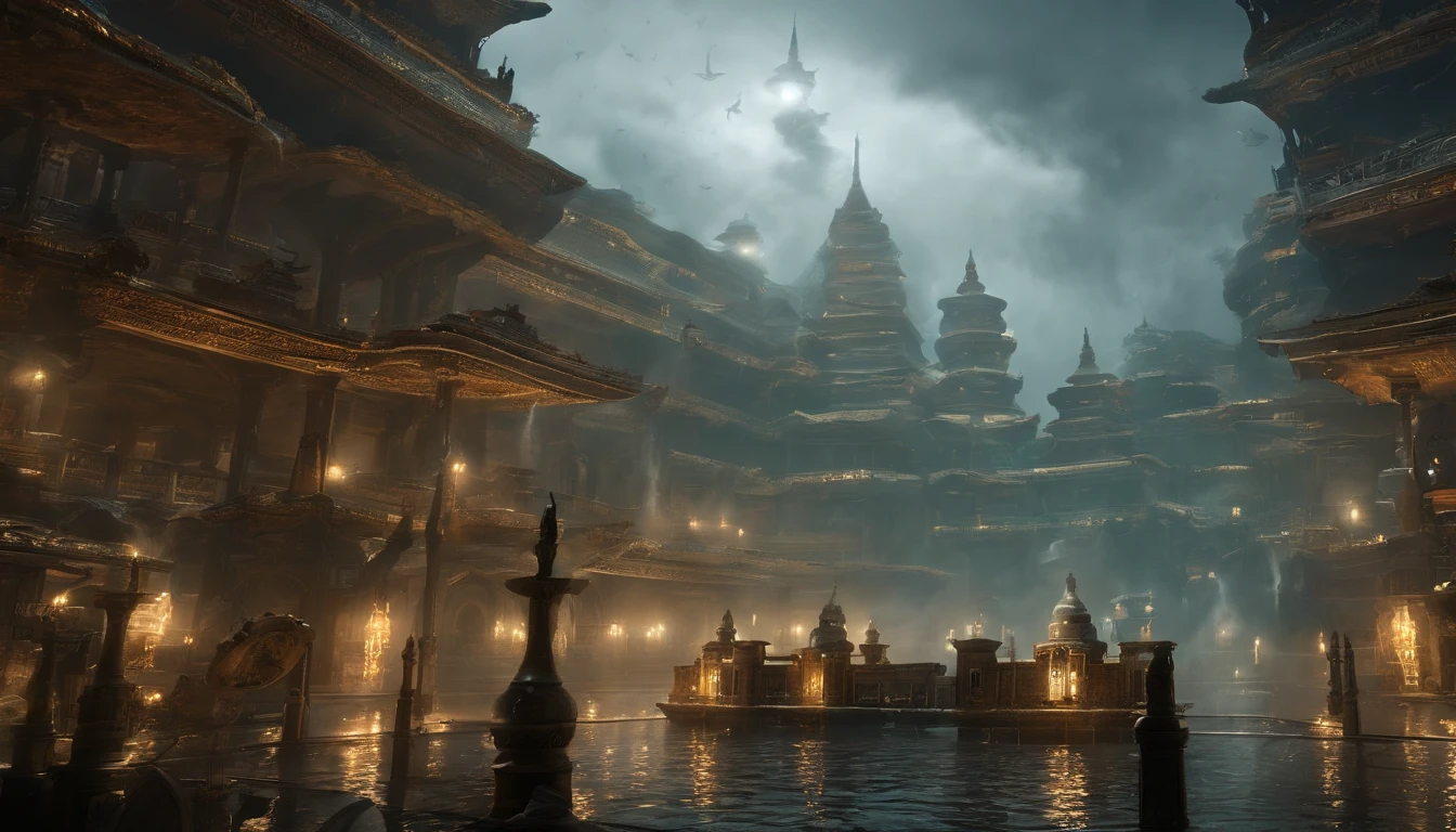 Ultra-wide-angle picture，24th century，The underwater city of the future，fansty world，highly detailed surreal vfx，China ink painting，water ink，ink，Smudge，downpours，Get wet，water，Jets of water surround you，Gravity-resistant water column，Spiral，China-style，Faraway view，super-fine，ultra - detailed，high qulity，8K ，oc rendered，dynamic viewing angle