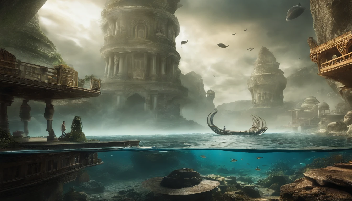 Ultra-wide-angle picture,24th century,The underwater city of the future,fansty world,highly detailed surreal vfx,China ink painting,water ink,ink,Smudge,downpours,Get wet,water,Jets of water surround you,Gravity-resistant water column,Spiral,China-style,Faraway view,super-fine,ultra - detailed,high qulity,8K ,oc rendered,dynamic viewing angle
