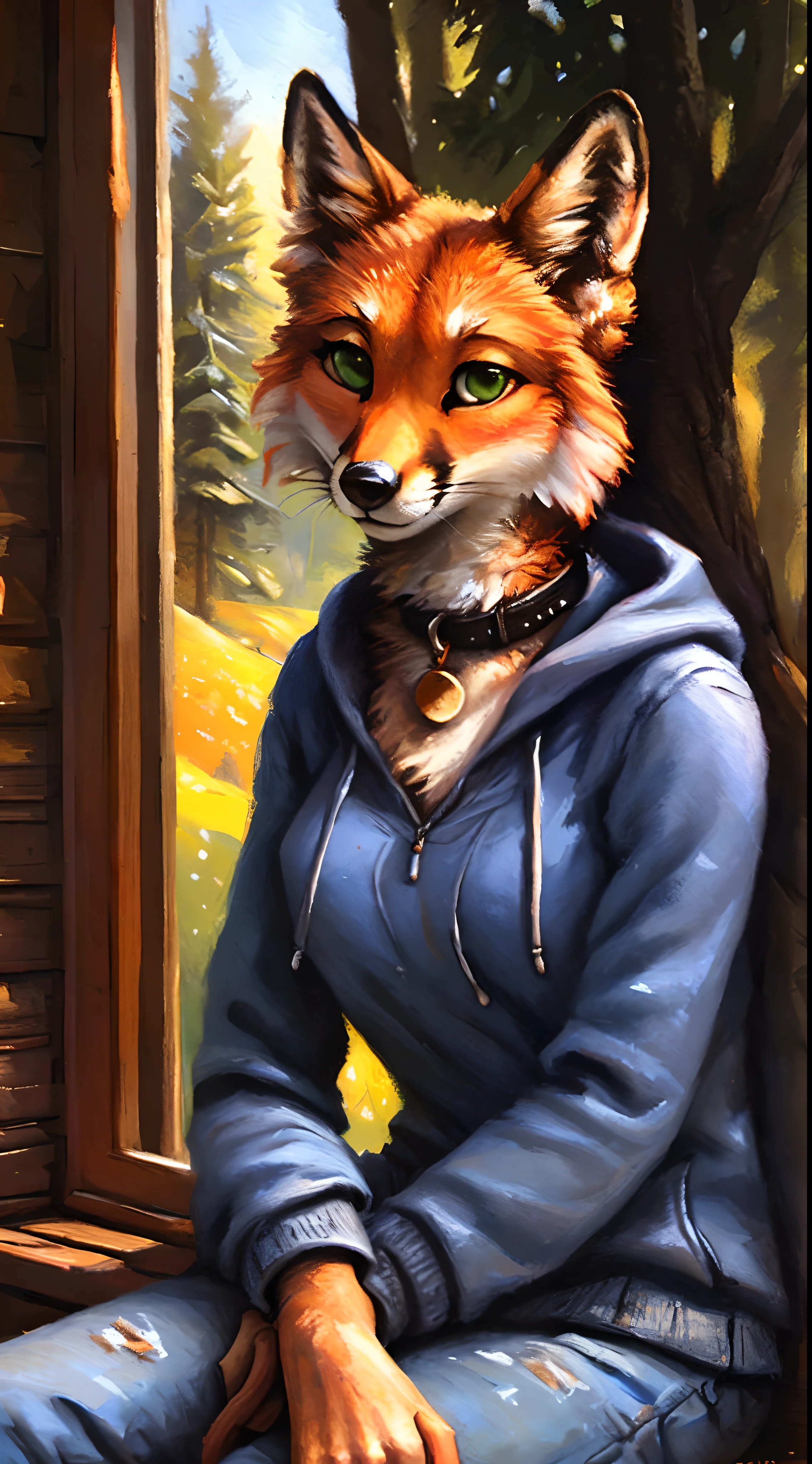 a beautiful and detailed portrait of a female fox, masterpiece, kenket, oil painting,detailed face, blue jeans, gray hoodie,  gray and white hairs, white and orange fur, green eyes, collar, red sneakers, two multicolor tails, full body, cute,