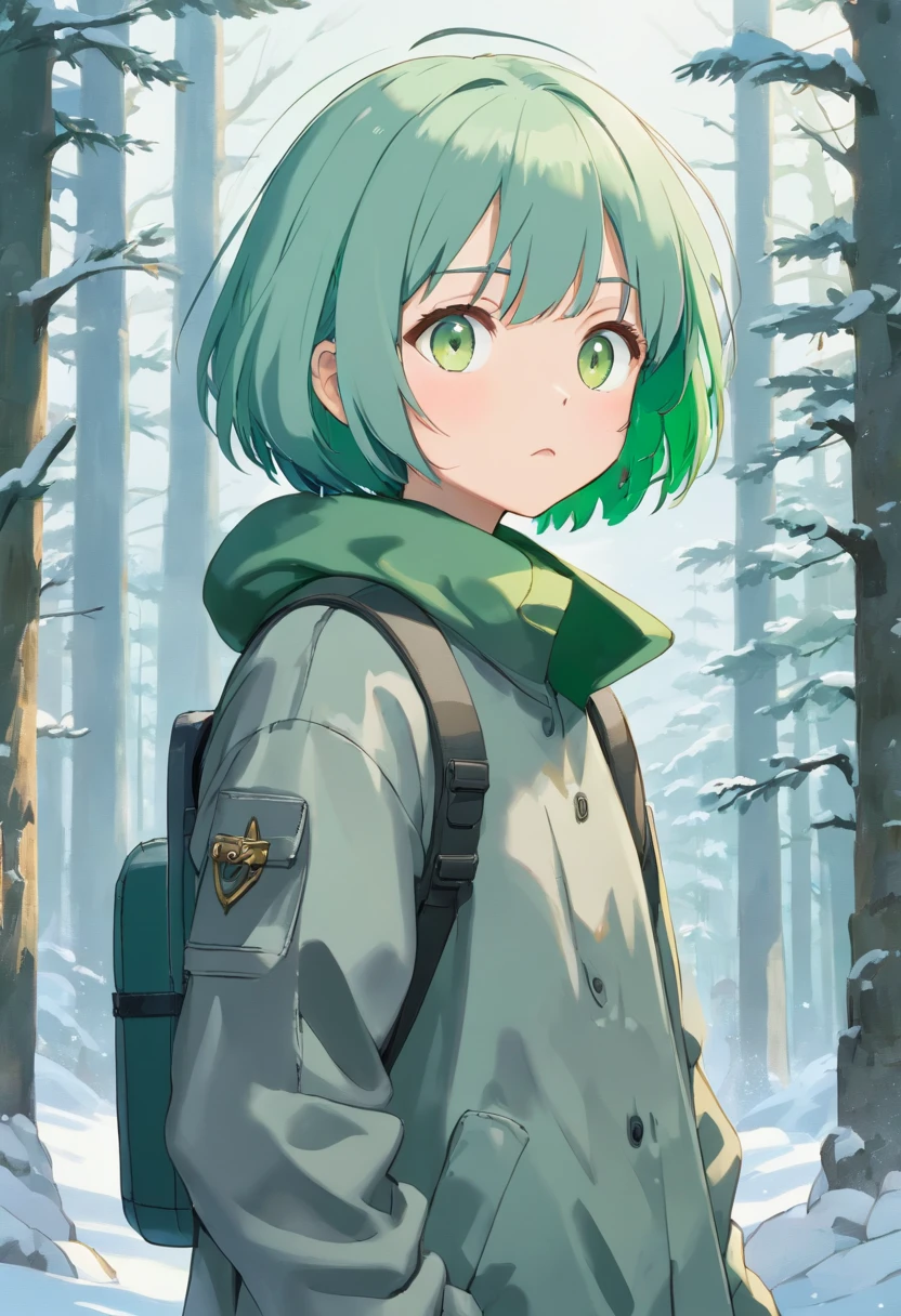 (Masterpiece, best quality), (((1 boy))), 14 years old, face slits, quality face, detailed face, (green hair), (((bob hairstyle))), ((light green eyes) ), (introvert), ((fear on face)), ((crybaby))), ((scared)), crazy, gasps, (detailed eyes), ((covers part of face with palm)), (gray winter camouflage), dirty old clothes, ((gray and white military camouflage)), ((torn clothes)), there is a rare winter spruce forest in the background, ((white winter forest)), gray weather, high quality
