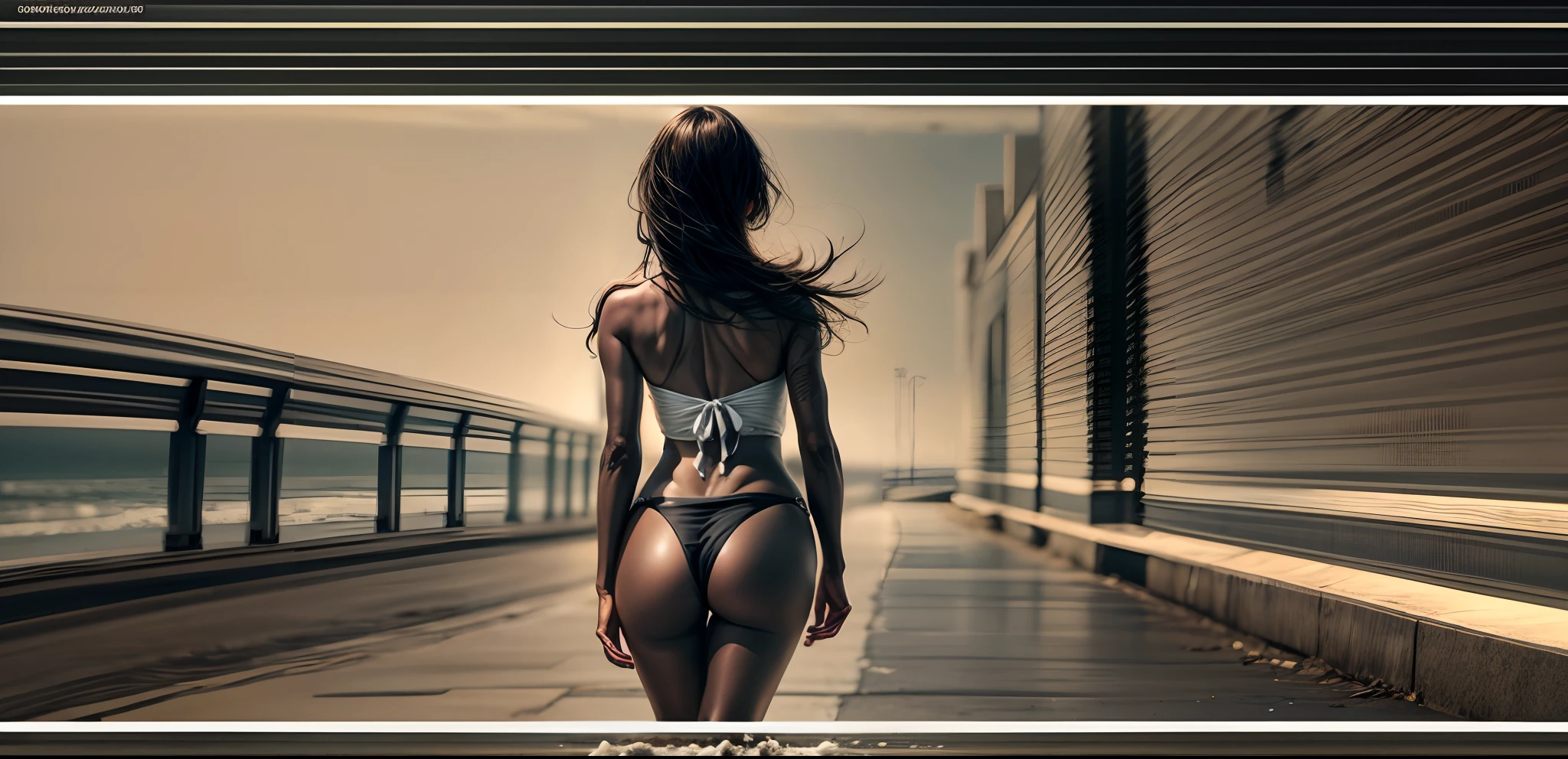 mulher negra andando em corredor longo e escuro, Your body is very sensual, vestida apenas com bikini, She walks towards the camera