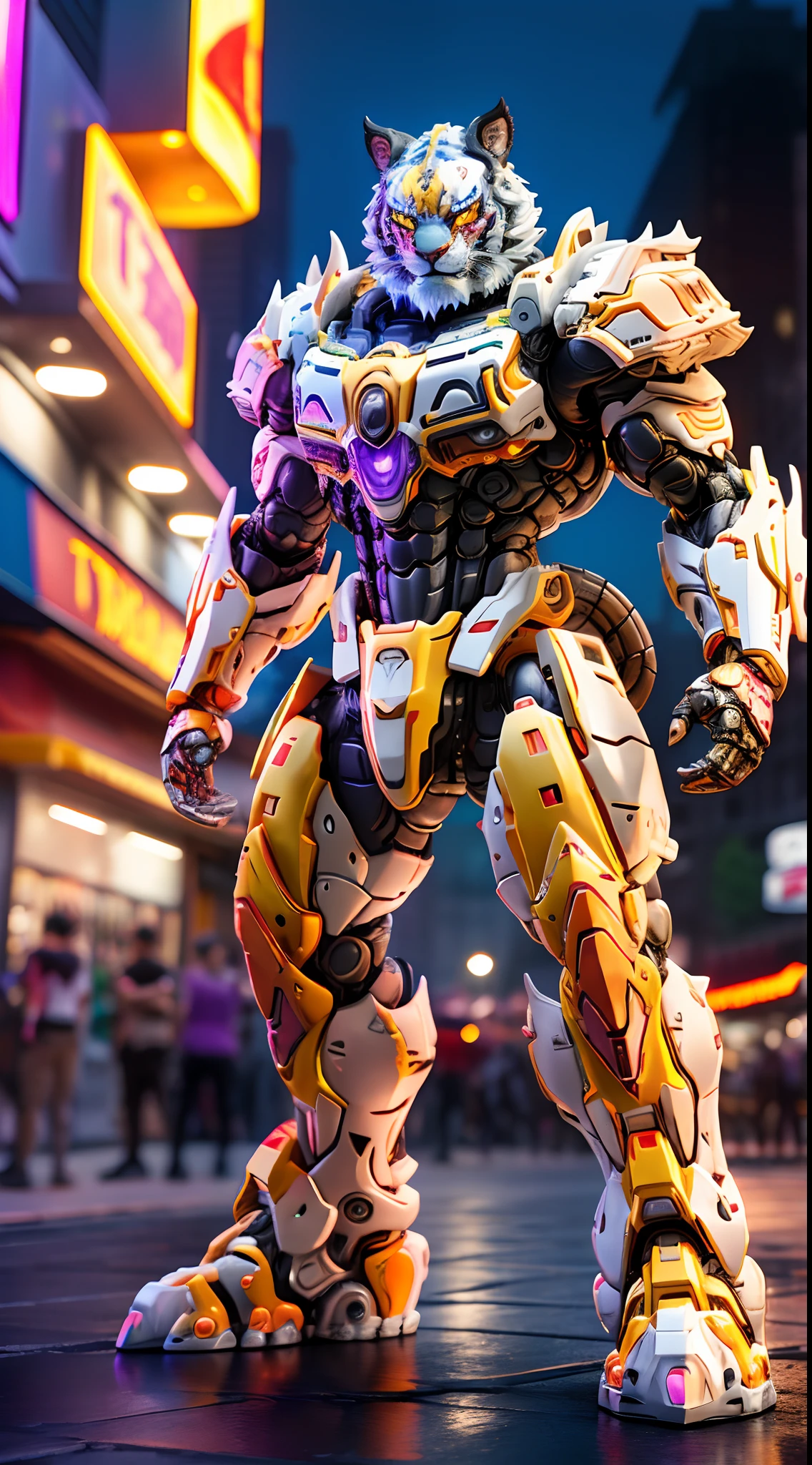 TIGER KING, RAINBOW COLORED, HETEROCHROMIA EYE, MECHA HEAVY ARMOR, TRANSPARANT, MUSCLE BODY.