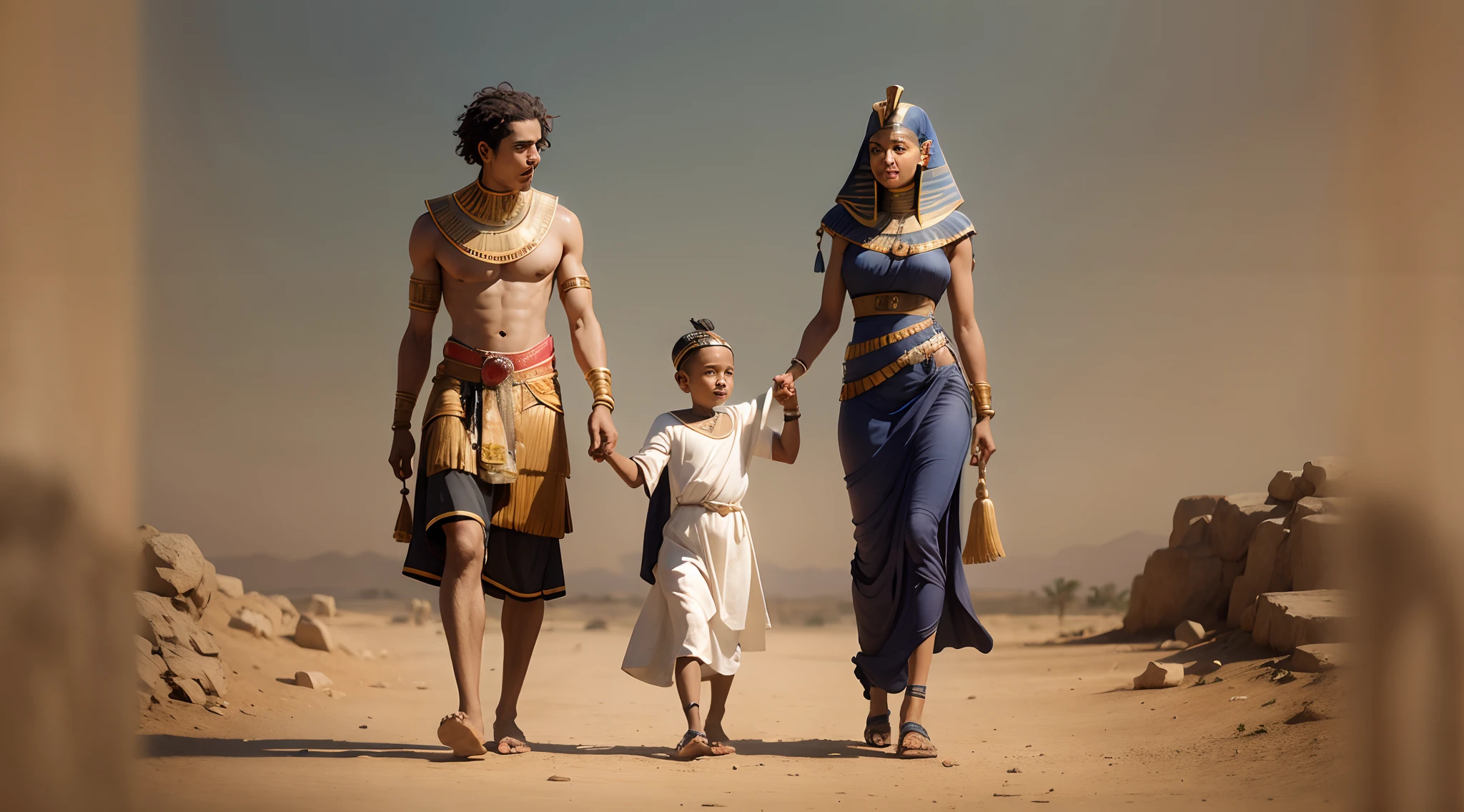 a couple accompanied by their young son, from ancient Egyptian times