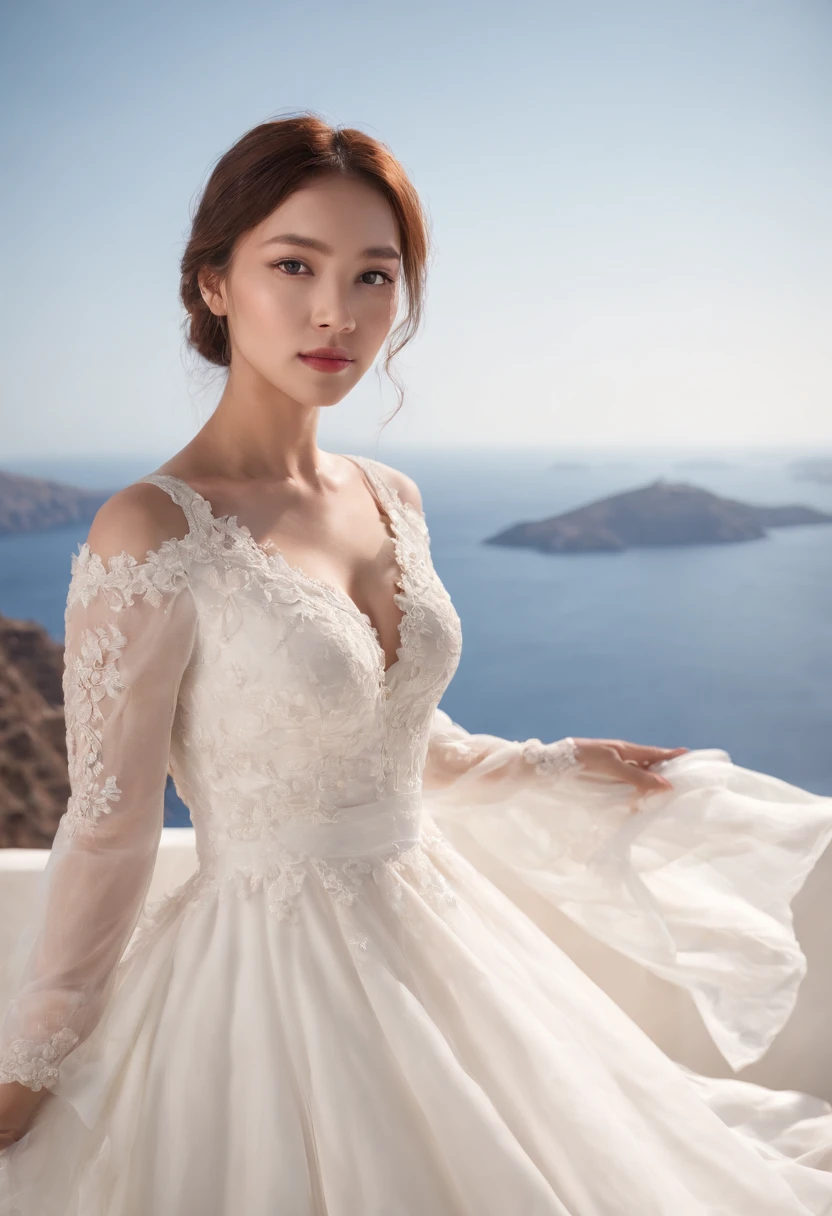 1 beautiful girl，Asian idol，  (Realistic:1.3) (full bodyesbian:1.3), standing photo,Santorini, Stand in front of the blue sea, White wedding dress, Soft dress, Masterpiece, diffused soft lighting, Portrait, Best quality, (Perfect face:1.4), Ultra-realistic Highly detailed, Complex and realistic simulation style photos, Cinematic lighting, studio shoot, Elegant Pose, upper body