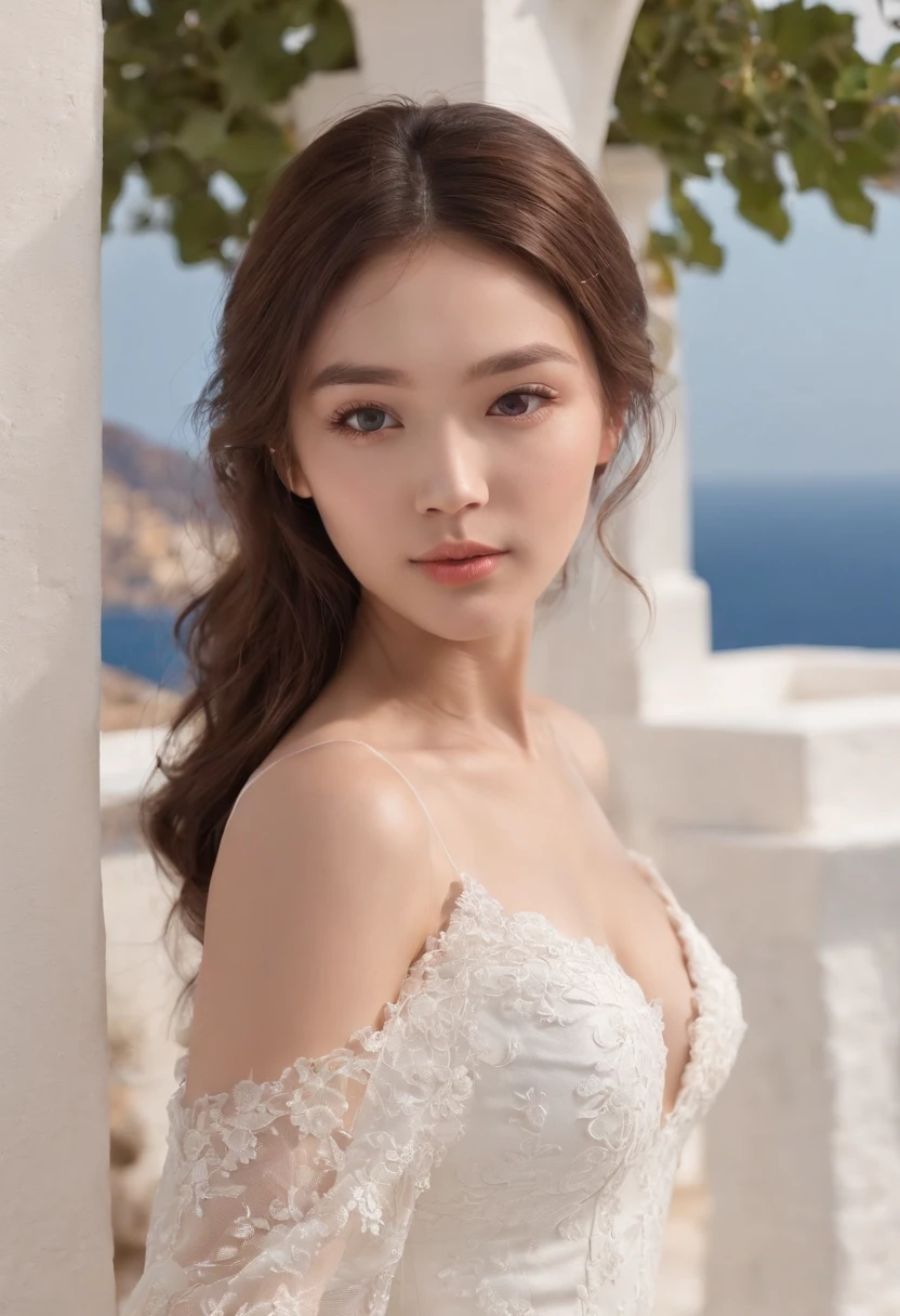 1 beautiful girl，Asian idol，  (Realistic:1.3) (full bodyesbian:1.3), standing photo,Santorini, (Stand in front of the blue sea),romantic, White wedding dress, Soft dress, Masterpiece, diffused soft lighting, Portrait, Best quality, (Perfect face:1.4), Ultra-realistic Highly detailed, Complex and realistic simulation style photos, Cinematic lighting, studio shoot, Elegant Pose, upper body