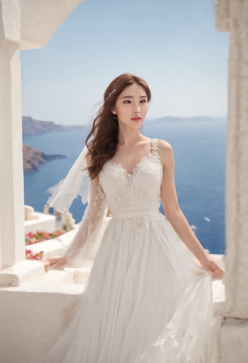 1 beautiful girl,Asian idol, (Realistic:1.3) (full bodyesbian:1.3), standing photo,Santorini, Stand in front of the blue sea, White wedding dress, Soft dress, Masterpiece, diffused soft lighting, Portrait, Best quality, (Perfect face:1.4), Ultra-realistic Highly detailed, Complex and realistic simulation style photos, Cinematic lighting, studio shoot, Elegant Pose, upper body