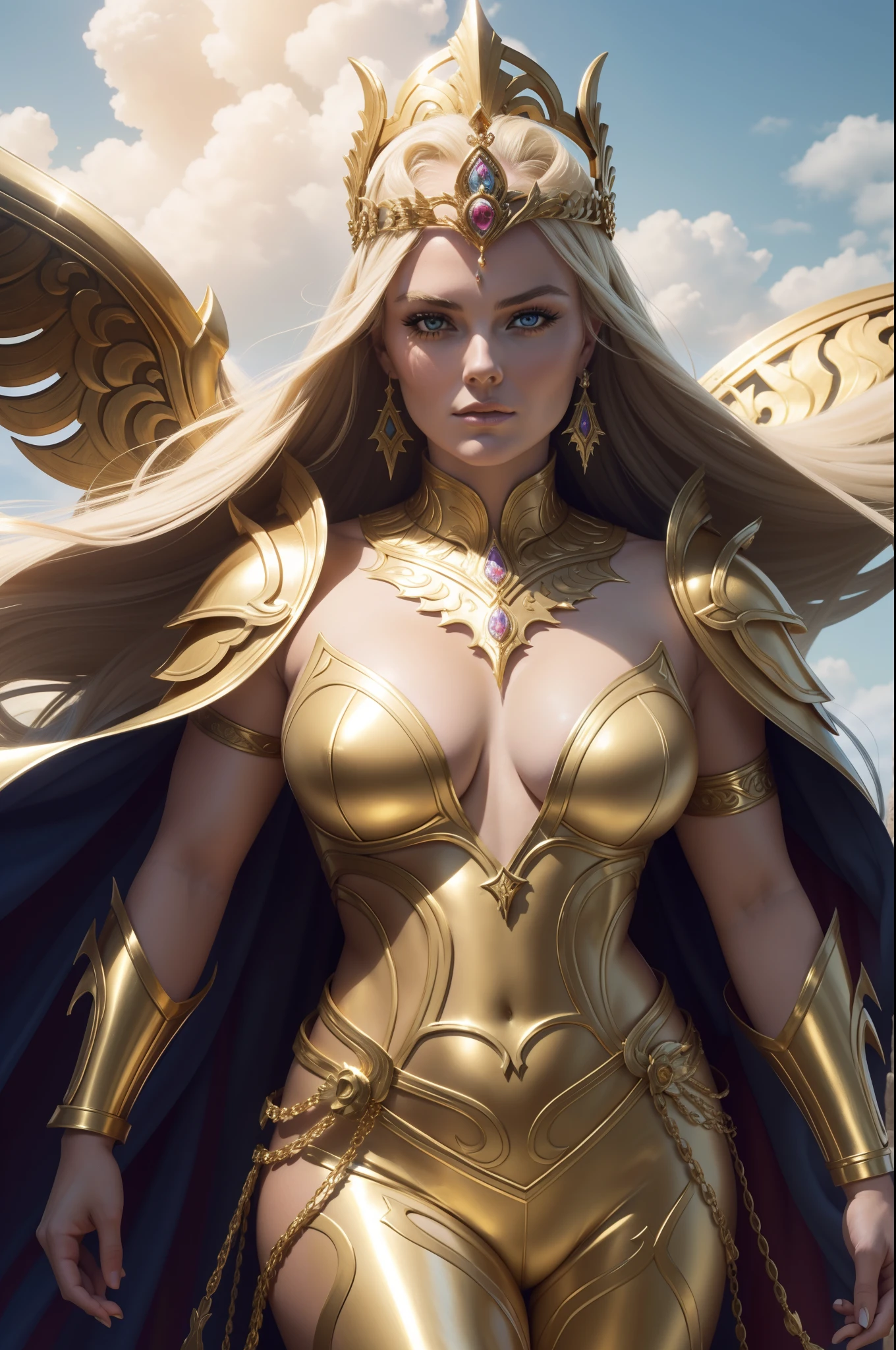 ( nuvens ) Lindsey Vonn as a MYTHOLOGICAL DIVA in a golden armor, floating into the sky, gold bracelets on the arms, coxas expostas, Face looking at the camera, athletic curvy body, Musculatura suavemente definida, perspectiva de corpo inteiro, Realismo 32K, obra prima.