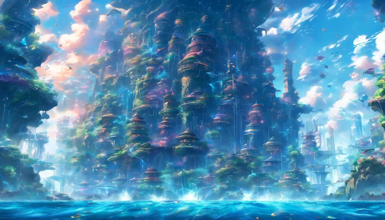 Ultra-wide-angle picture,24th century,The underwater city of the future,fansty world,highly detailed surreal vfx,China ink painting,water ink,ink,Smudge,downpours,Get wet,water,Jets of water surround you,Resistant to gravity water jets,Spiral,Faraway view,super-fine,ultra - detailed,high qulity,8K ,oc rendered,dynamic viewing angle