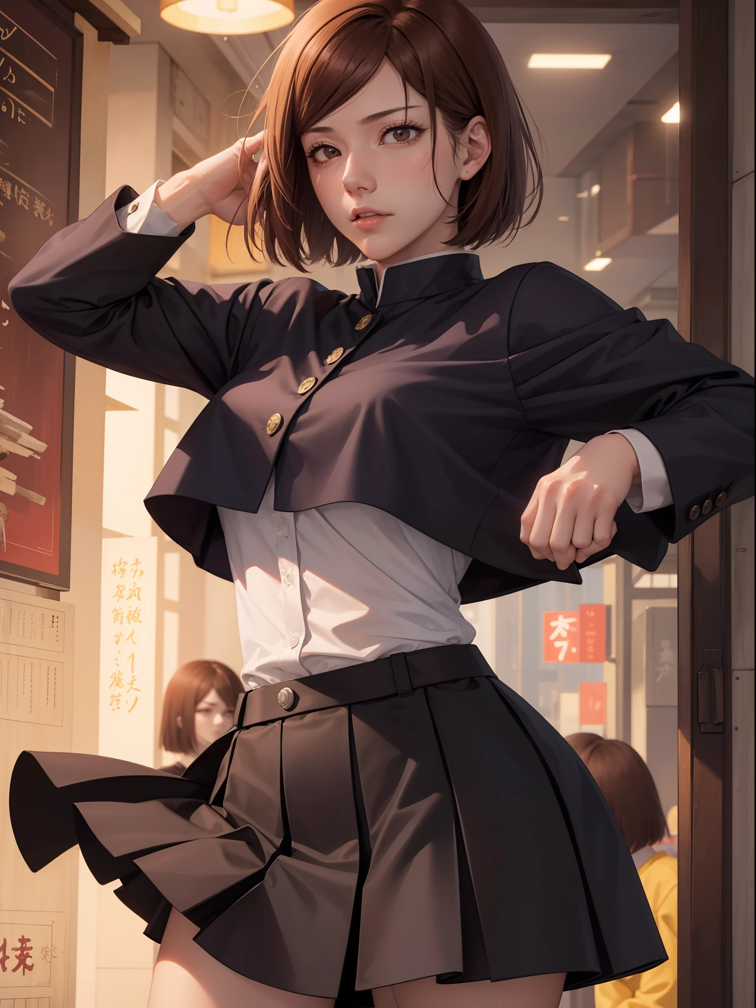 Kugisaki nobara from jujutsu kaisen, mini skirt, short hair,1 girl, perfect body, realistic, extremely detailed face, brown hairs