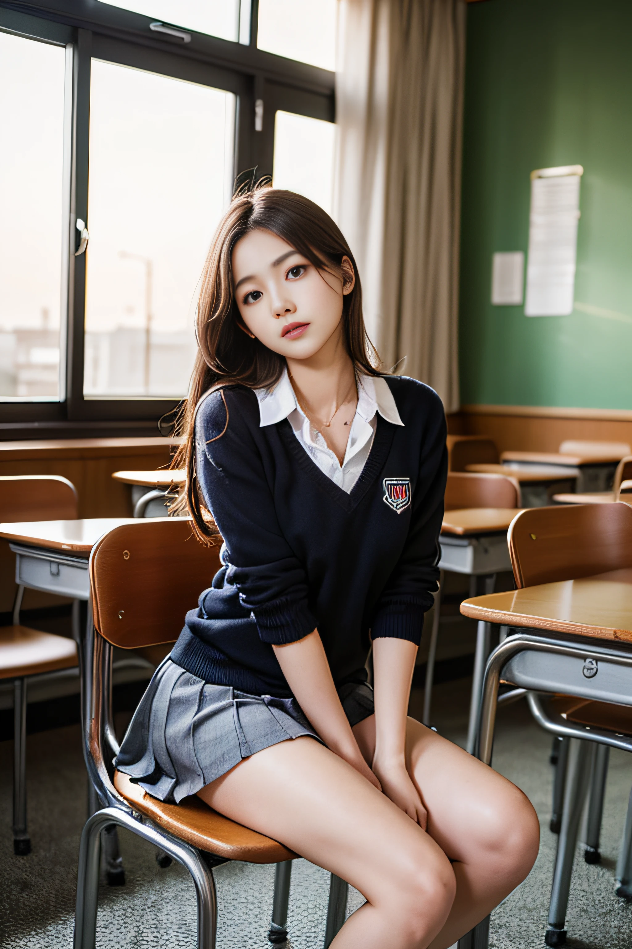 top-quality、hight resolution、ultra-detailliert、masterpiece、Raw photography:2、realisitic:2、Photorealsitic:2、extremely delicate and beautiful、finely detail、Textured skin、1girl in、japanes、 (Solo)、(Chest Up Shot)、18-year-old schoolgirl、(Sitting on a school chair by the window)、She's looking at this、Sunset hits、(Super beautiful girl:1.5)、(A detailed face)、Adult face、Bare legs、Brown hair、(School uniform)、highschool、crass room、School Desks and Chairs