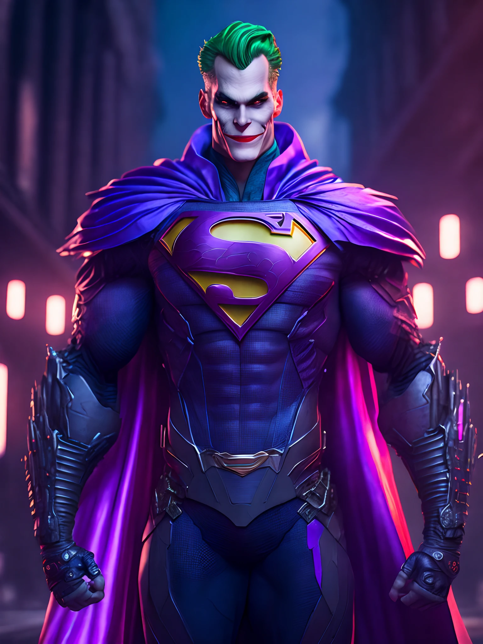Portrait, Joker Superman from DC, biomechanical, complex robot, full growth, hyperrealistic, insane small details, extremely clean lines, cyberpunk aesthetic, masterpiece featured on Zbrush Central, gothic brutalist cathedral, cyberpunk, award-winning photo, bokeh, neon lights, cybernetic limb