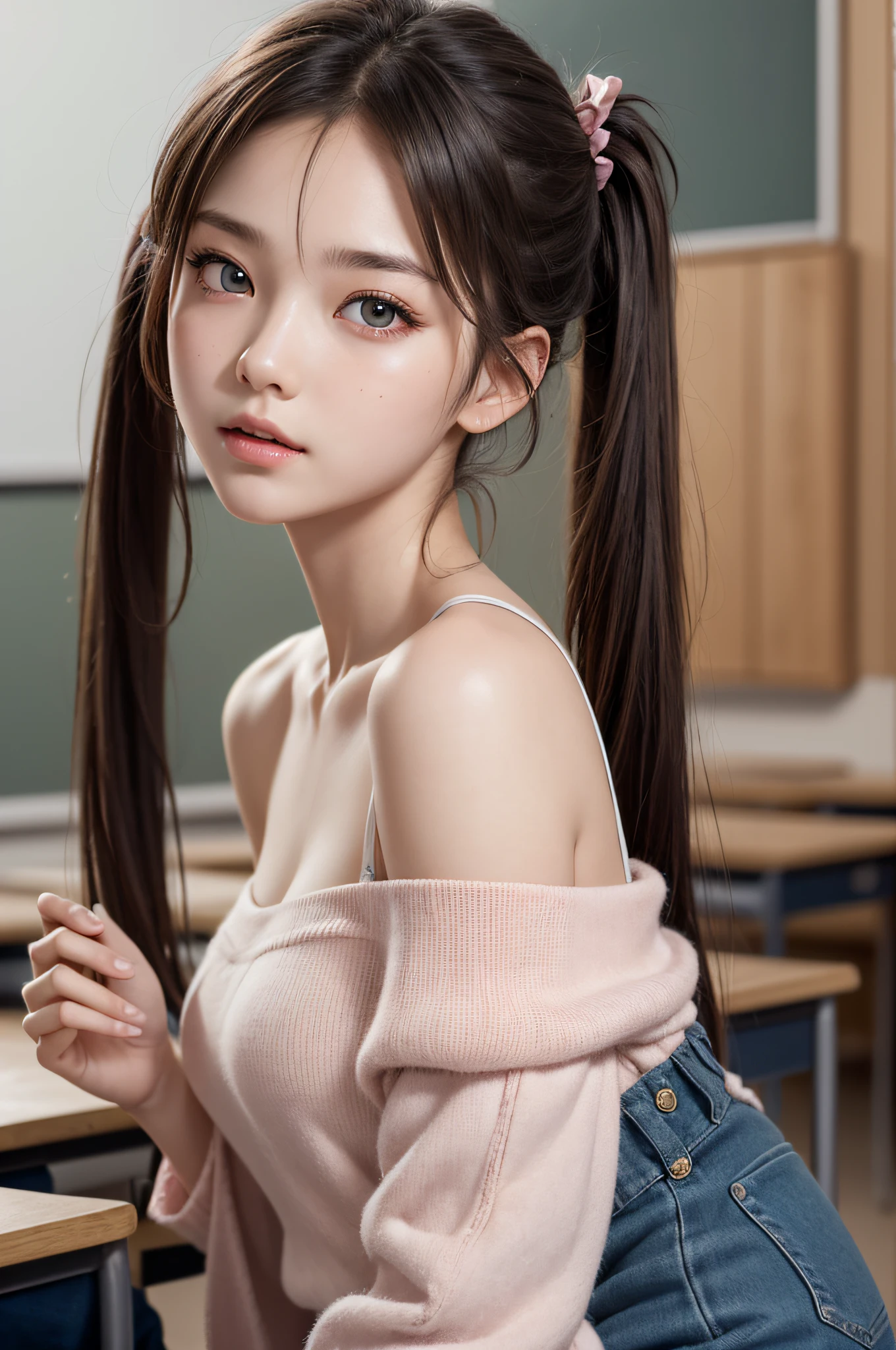 ((1girl in)), ((Best Quality)), (Ultra-detailed), (extremely detailed CG unified 8k wallpaper), Highly detailed, High-definition raw color photos, Professional Photography, (Twintails), Brown hair, Amazing face and eyes, Pink eyes, (amazingly beautiful girl), School, classroom, off shoulder,