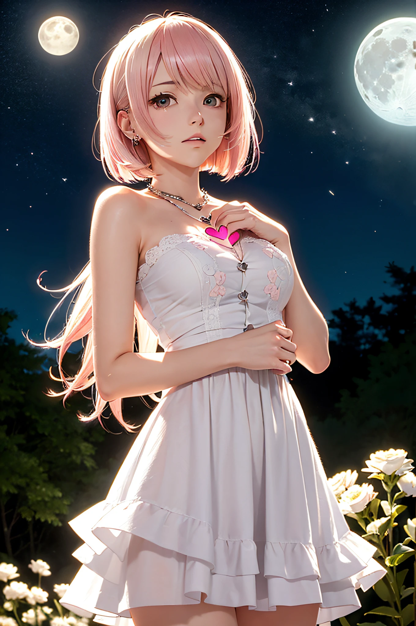 (masutepiece:1.4),(best picture:1.4),8K, hard disk, ultraclear, 1 woman,(blonde and pink hair, Single-sided Cut Layered Bob:1.3),(Heart-shaped eyes:1.3),White lace and purple embroidered dress,Necklace,disheveled clothes
Break Silver World awaits the end of the season
Flowers waiting for a new spring to sprout
Connect me with you far away
This silver moon is the bastion of my heart
Tonight, ni, I think of the moon and yours, My love